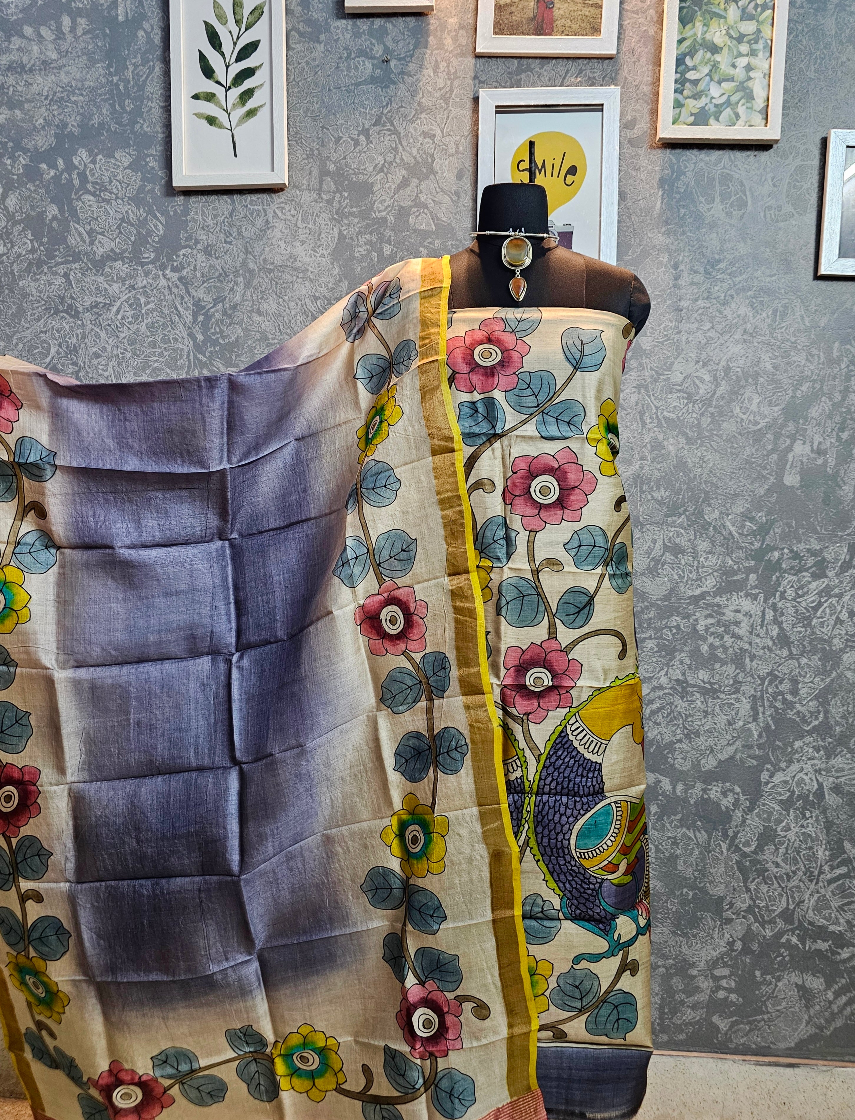 Kalamrita - Ivory & Grey with Multicolour Floral Gachhi Tussar Kalamkari