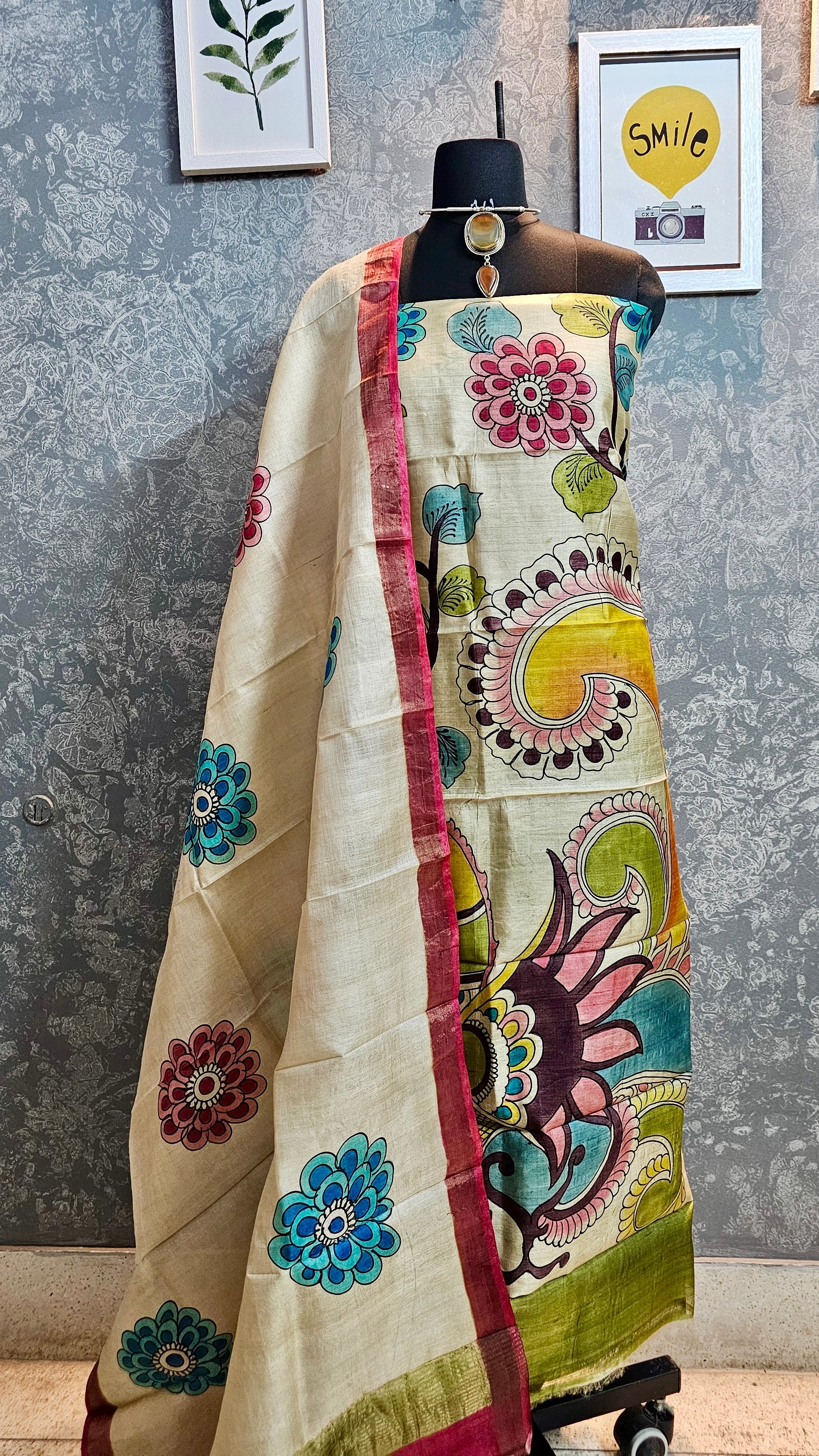 Kalamrita- Ivory & Red Gachhi Tussar Kalamkari with Vibrant Florals and Peacock