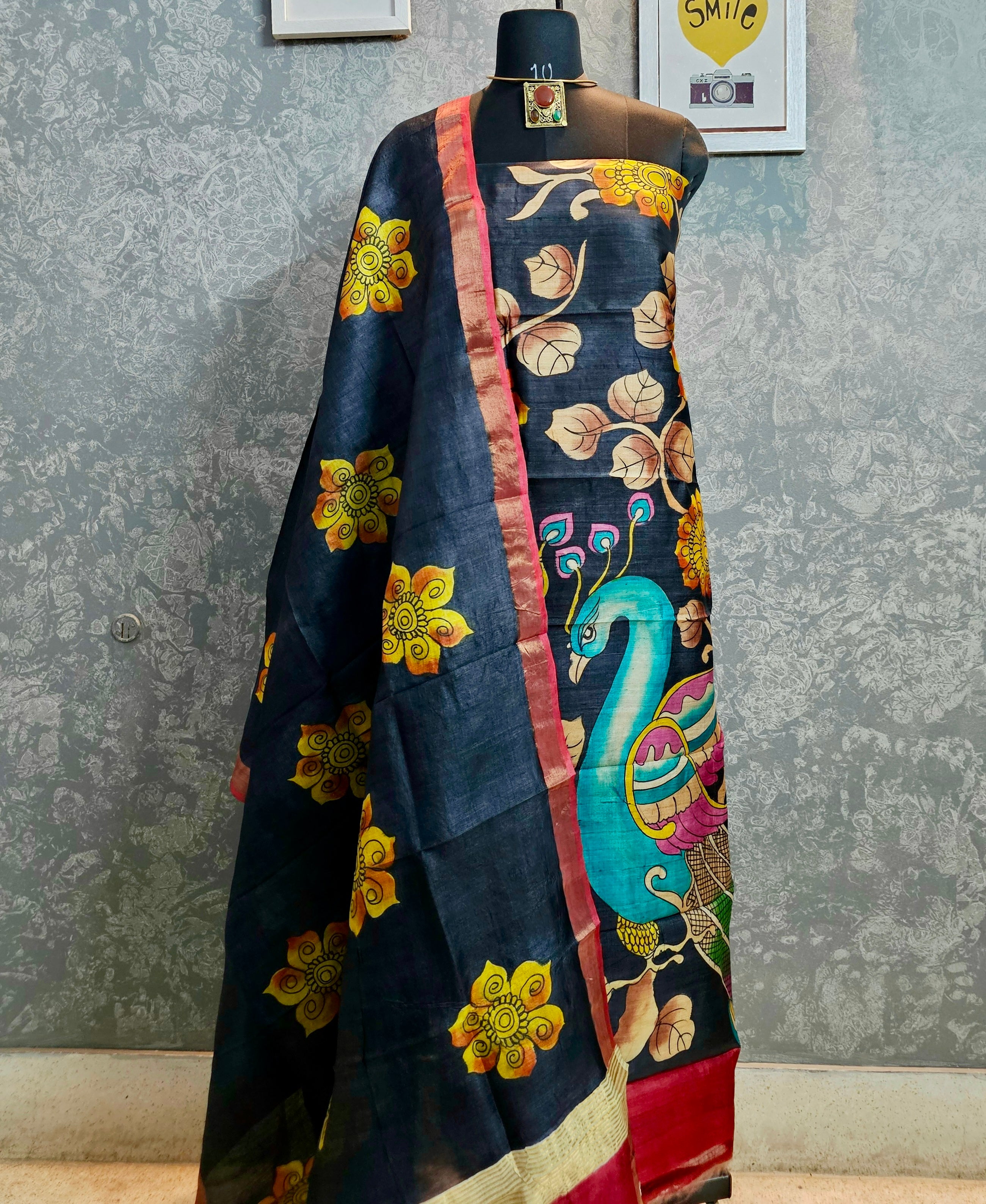 Kalamrita - Black Gachhi Tussar with Peacock Motif & Floral Pen Kalamkari