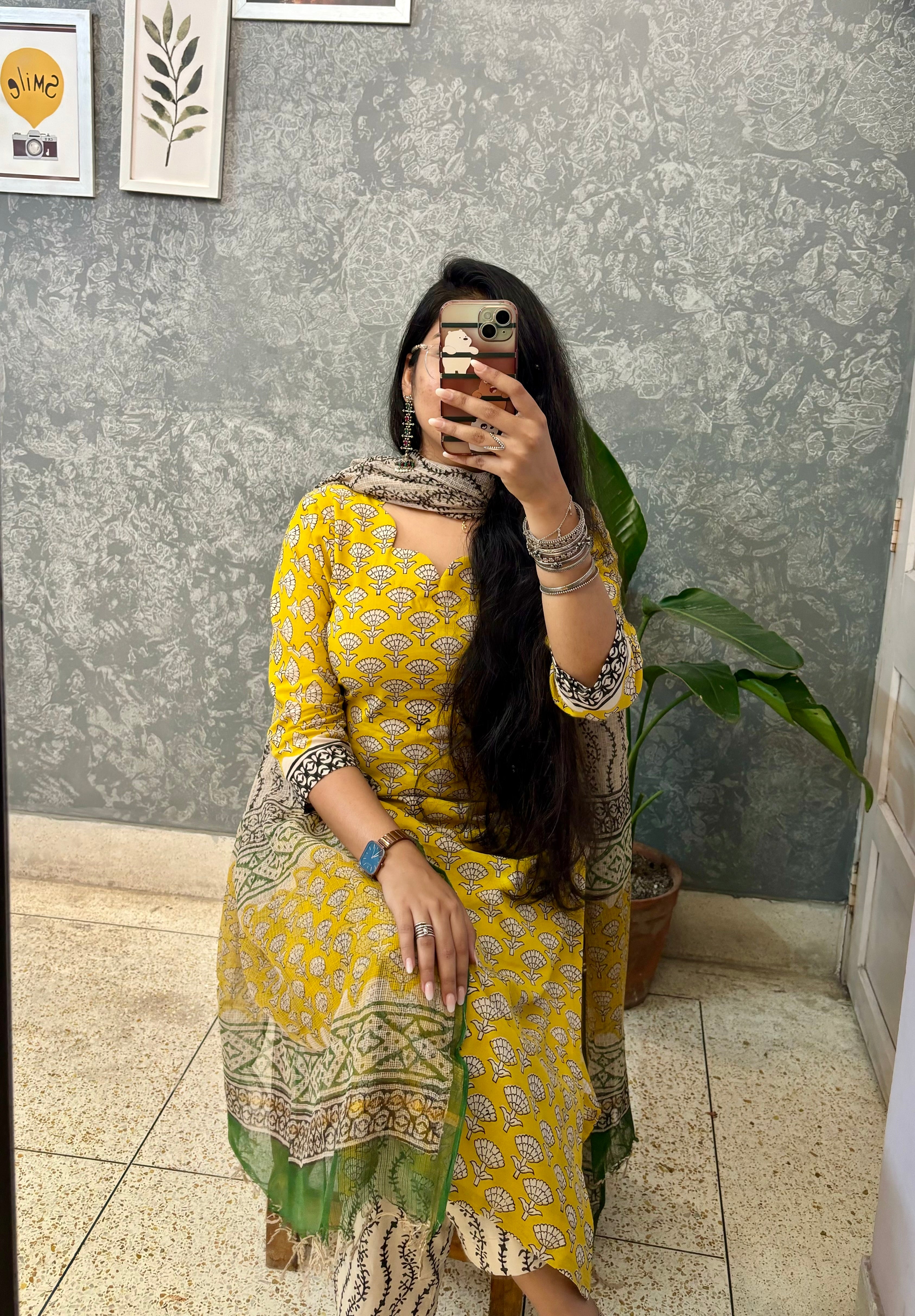 YELLOW HANDBLOCK SUIT SET WITH KOTA DORIYA DUPATTA