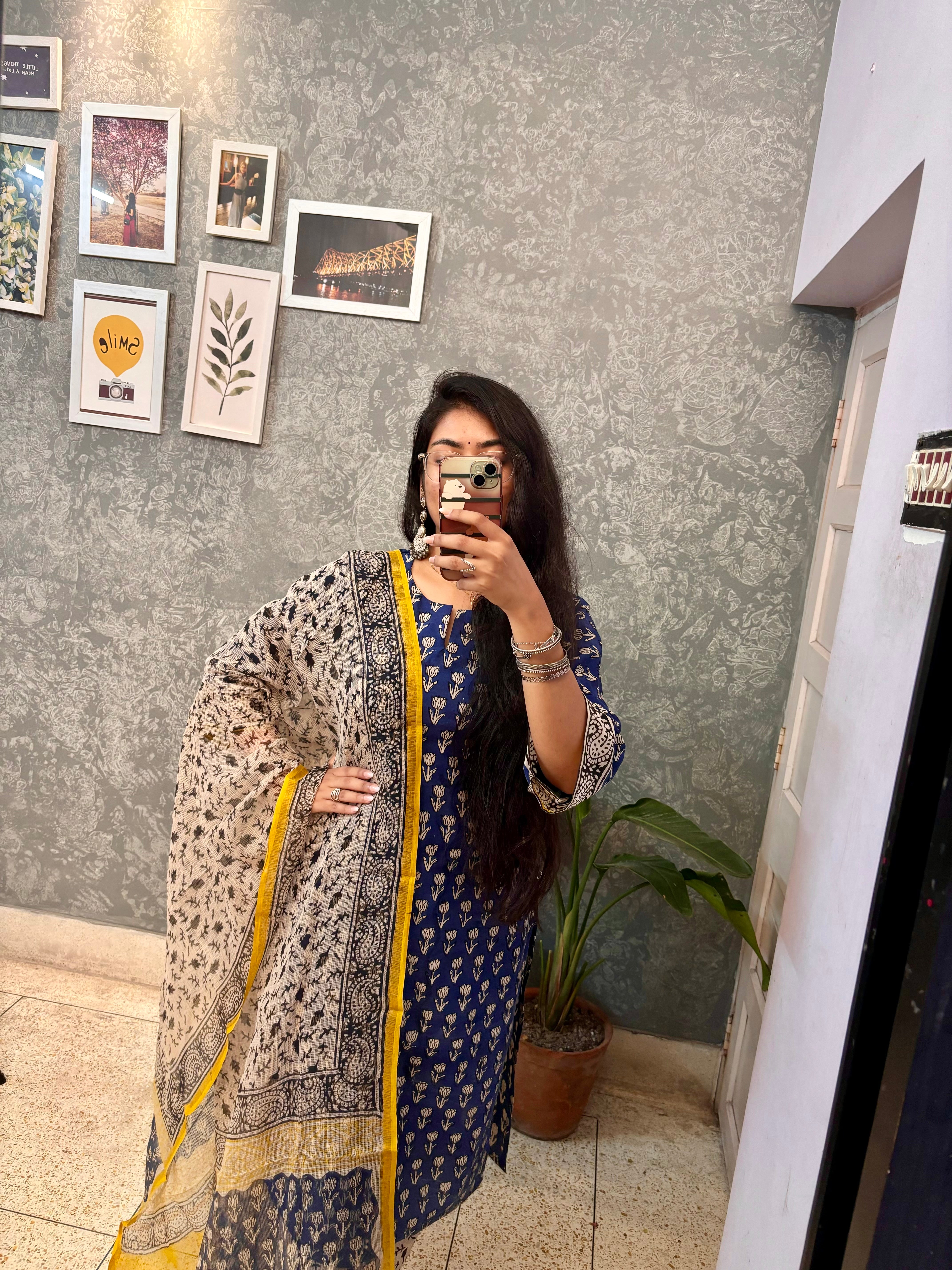 BLUE HANDBLOCK SUIT SET WITH KOTA DORIYA DUPATTA