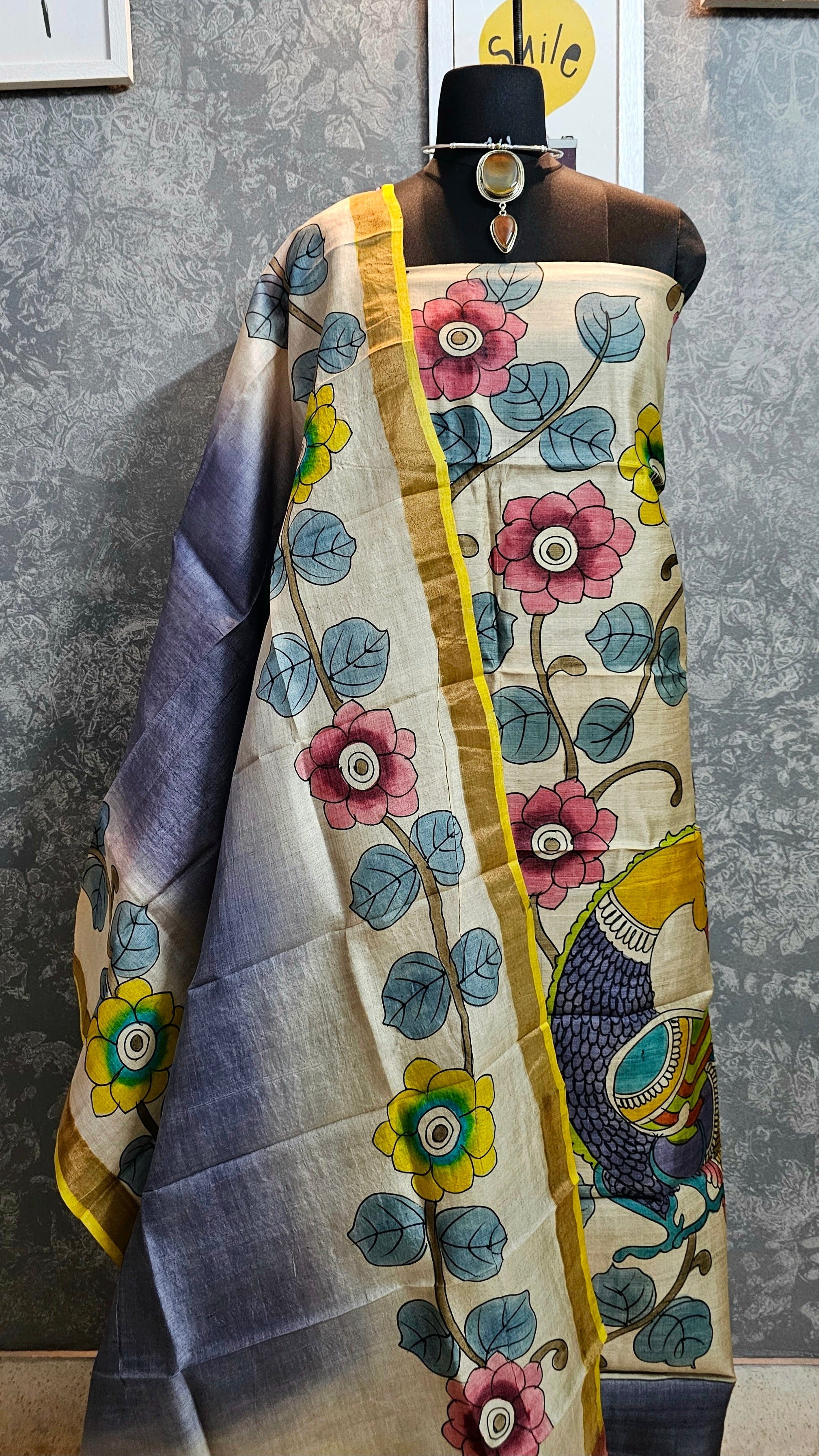 Kalamrita - Ivory & Grey with Multicolour Floral Gachhi Tussar Kalamkari