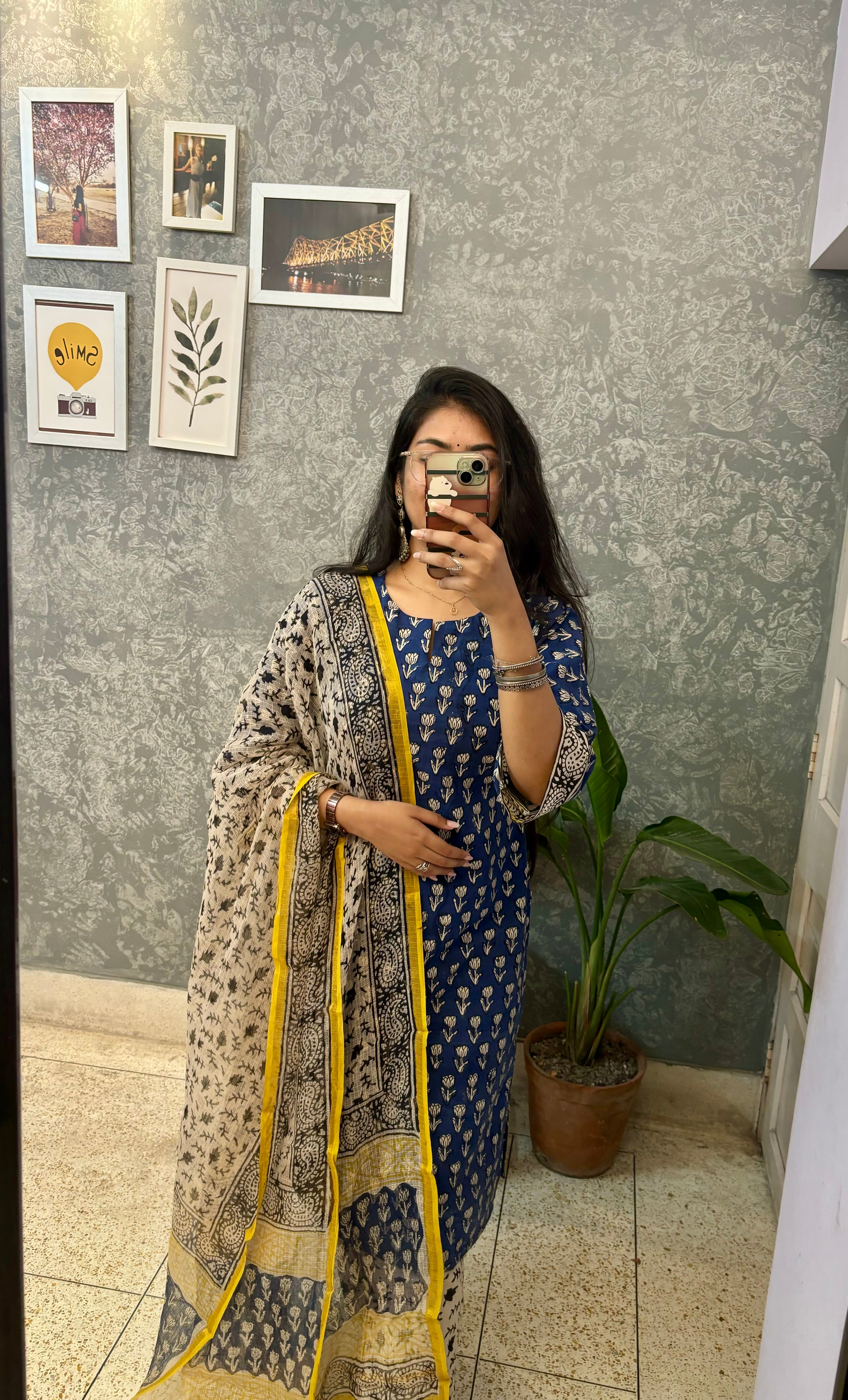 BLUE HANDBLOCK SUIT SET WITH KOTA DORIYA DUPATTA