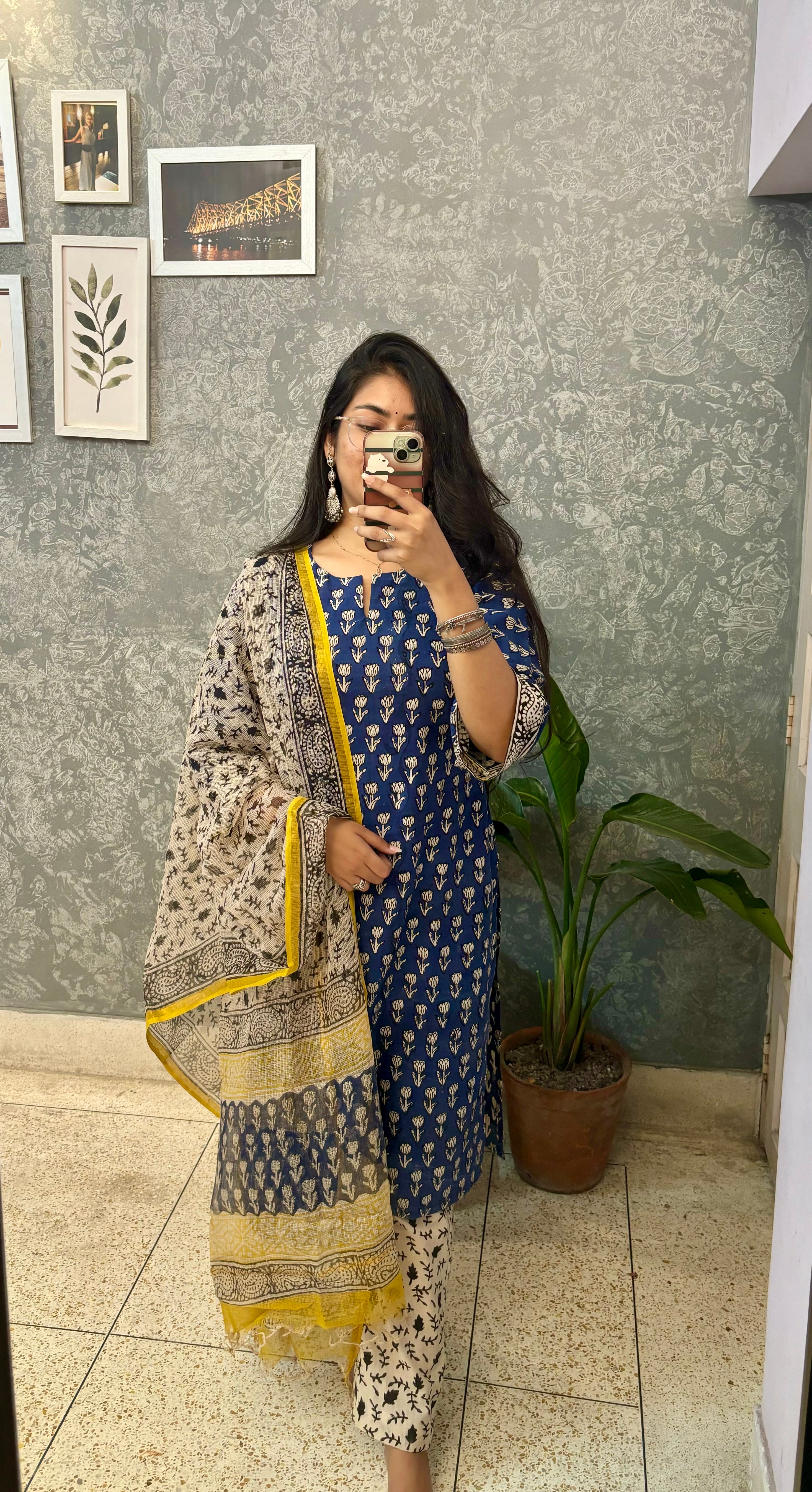 BLUE HANDBLOCK SUIT SET WITH KOTA DORIYA DUPATTA