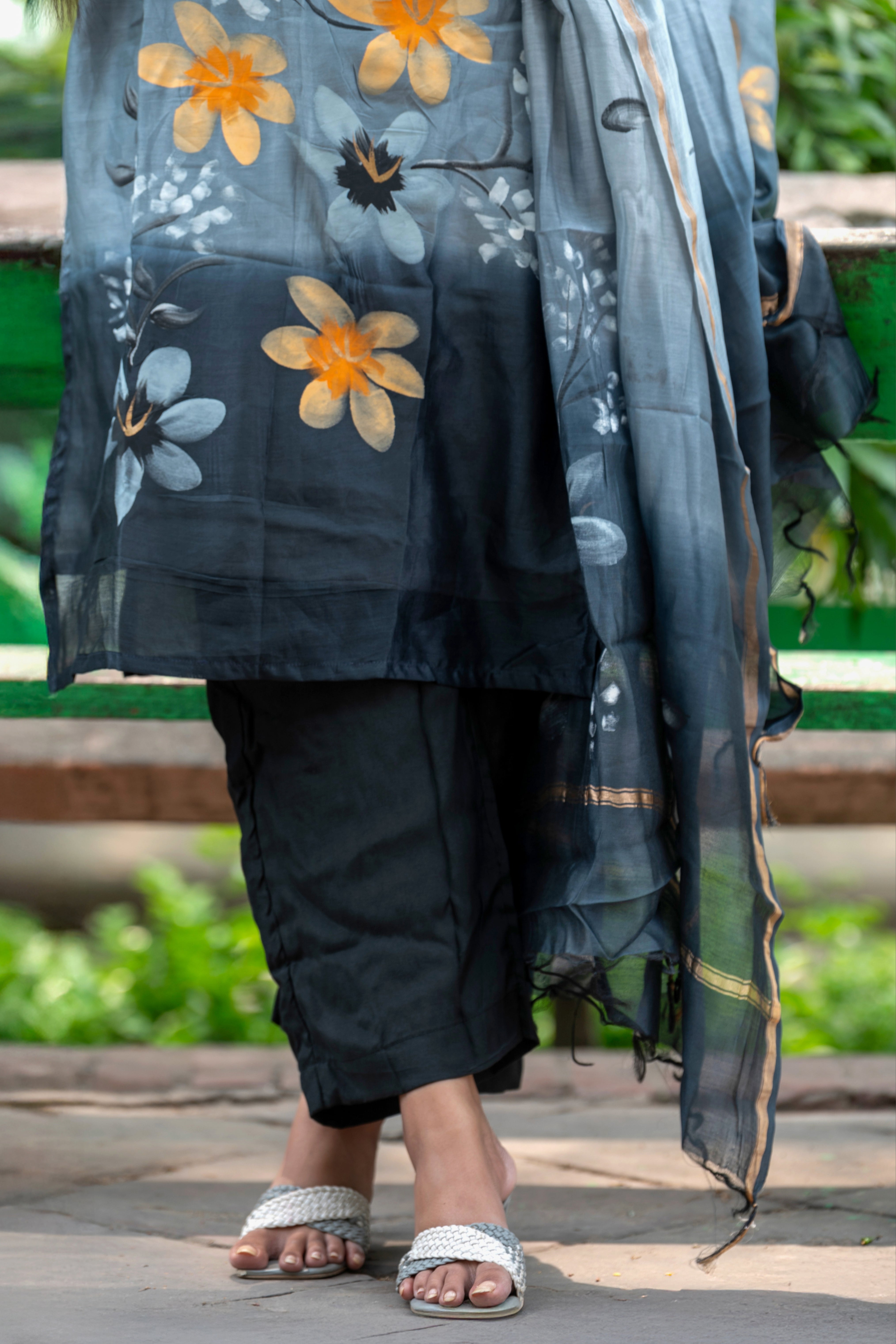 Grey and Black Ombré Chanderi Silk Handpainted Suit Set