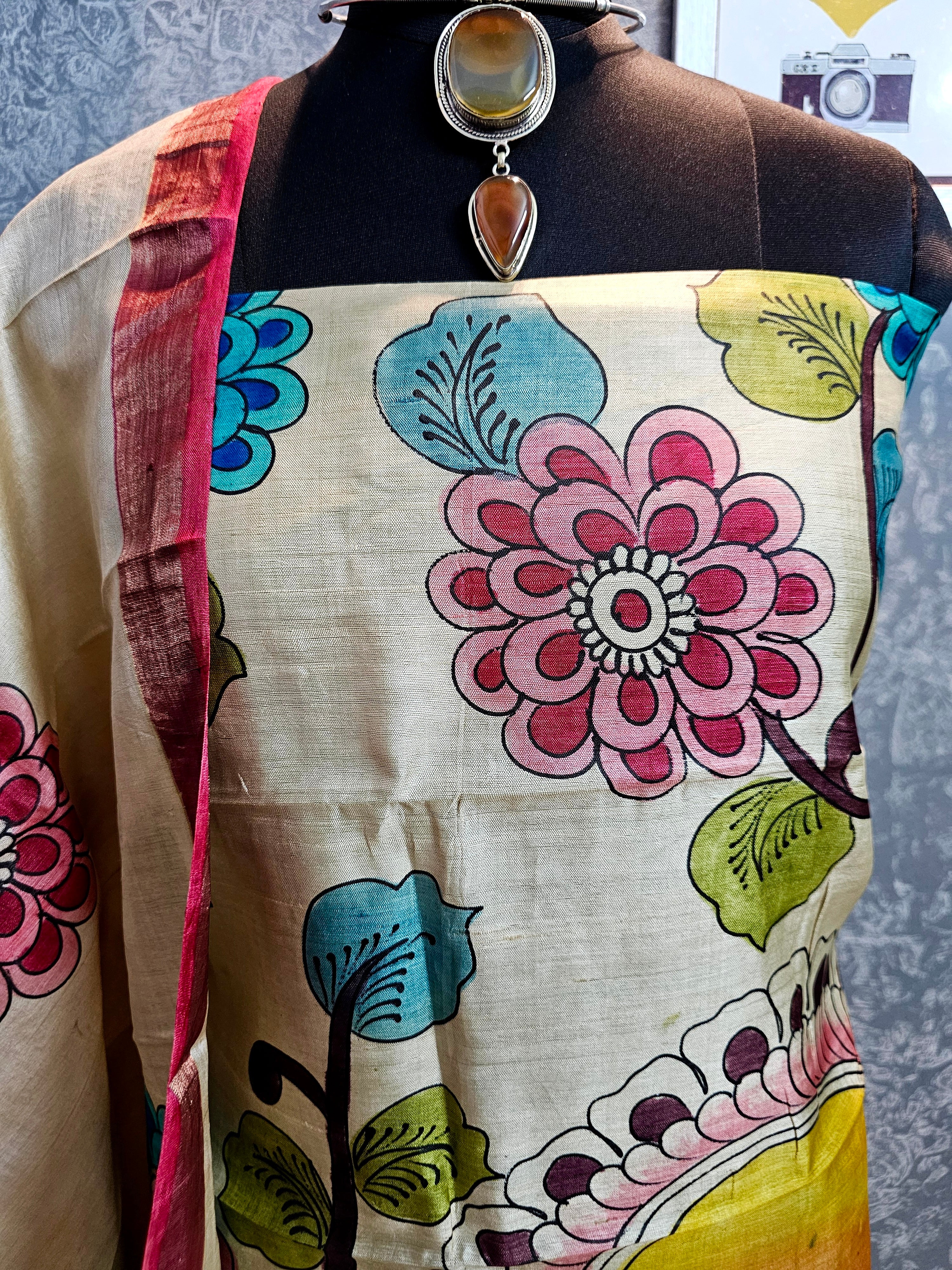 Kalamrita- Ivory & Red Gachhi Tussar Kalamkari with Vibrant Florals and Peacock