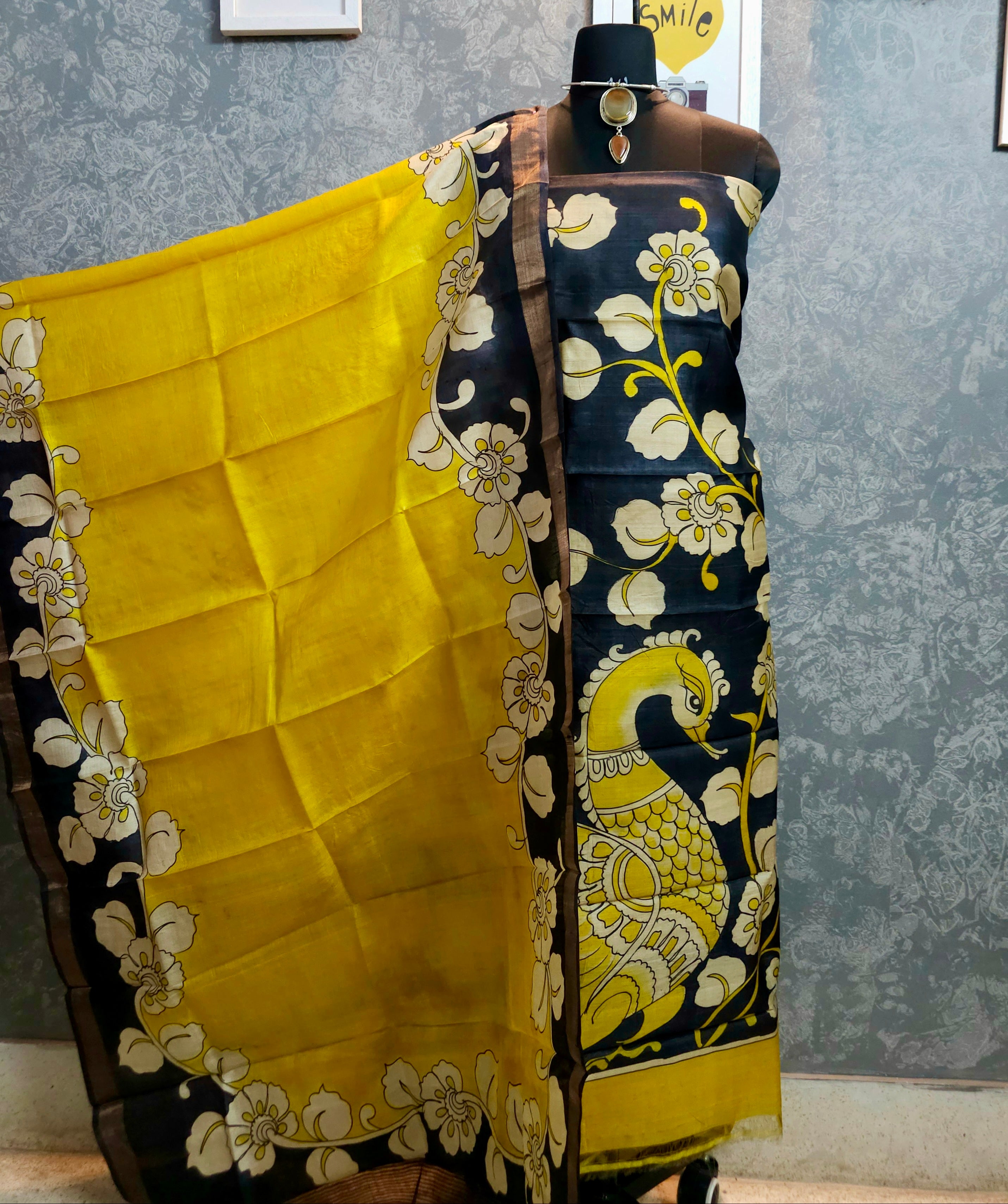 Kalamrita - Mustard Yellow & Black Gachhi Tussar Kalamkari with Peacock Detailing