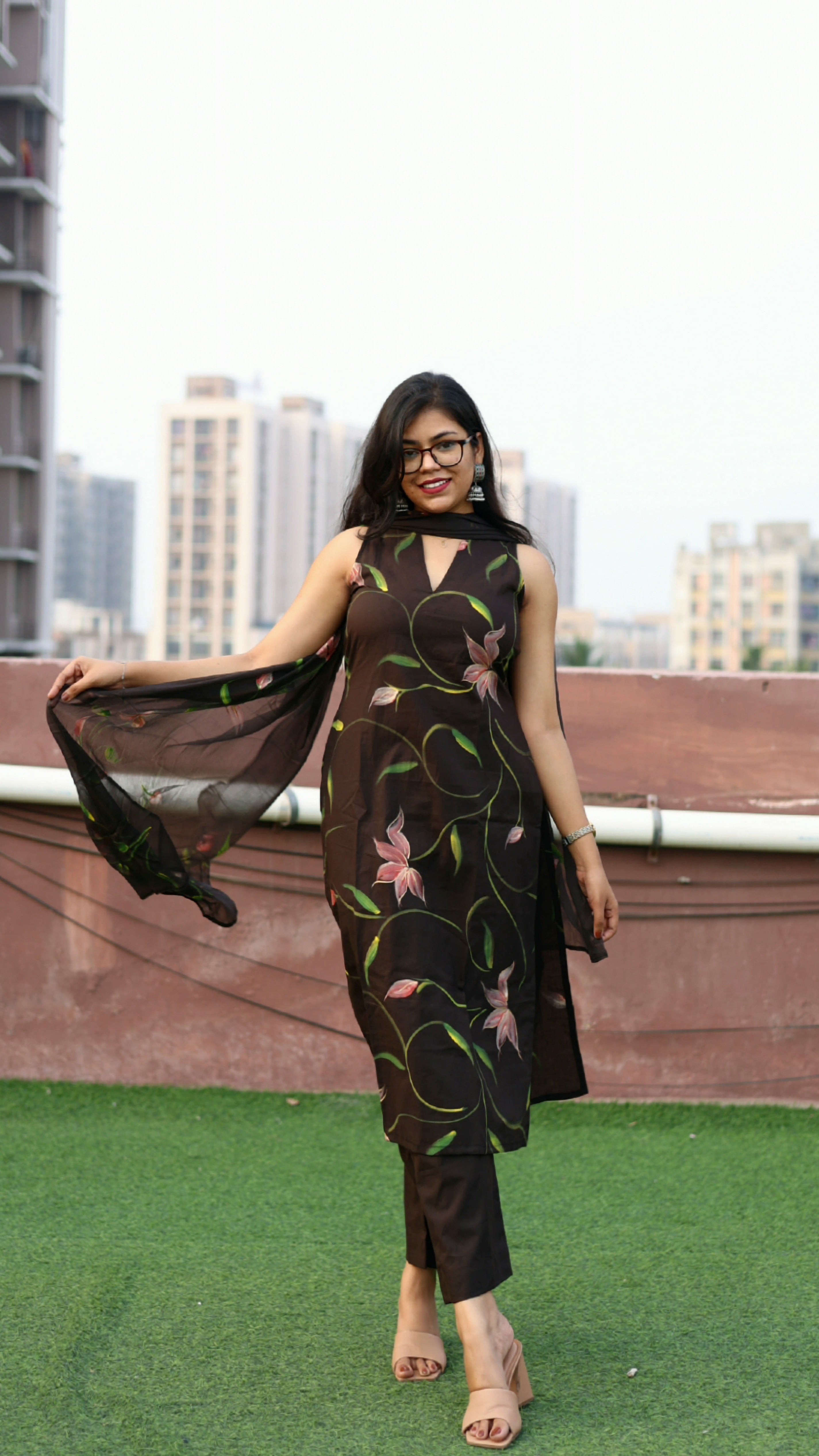 Dark Chocolate Cotton Handpainted Suit Set with Chiffon Dupatta