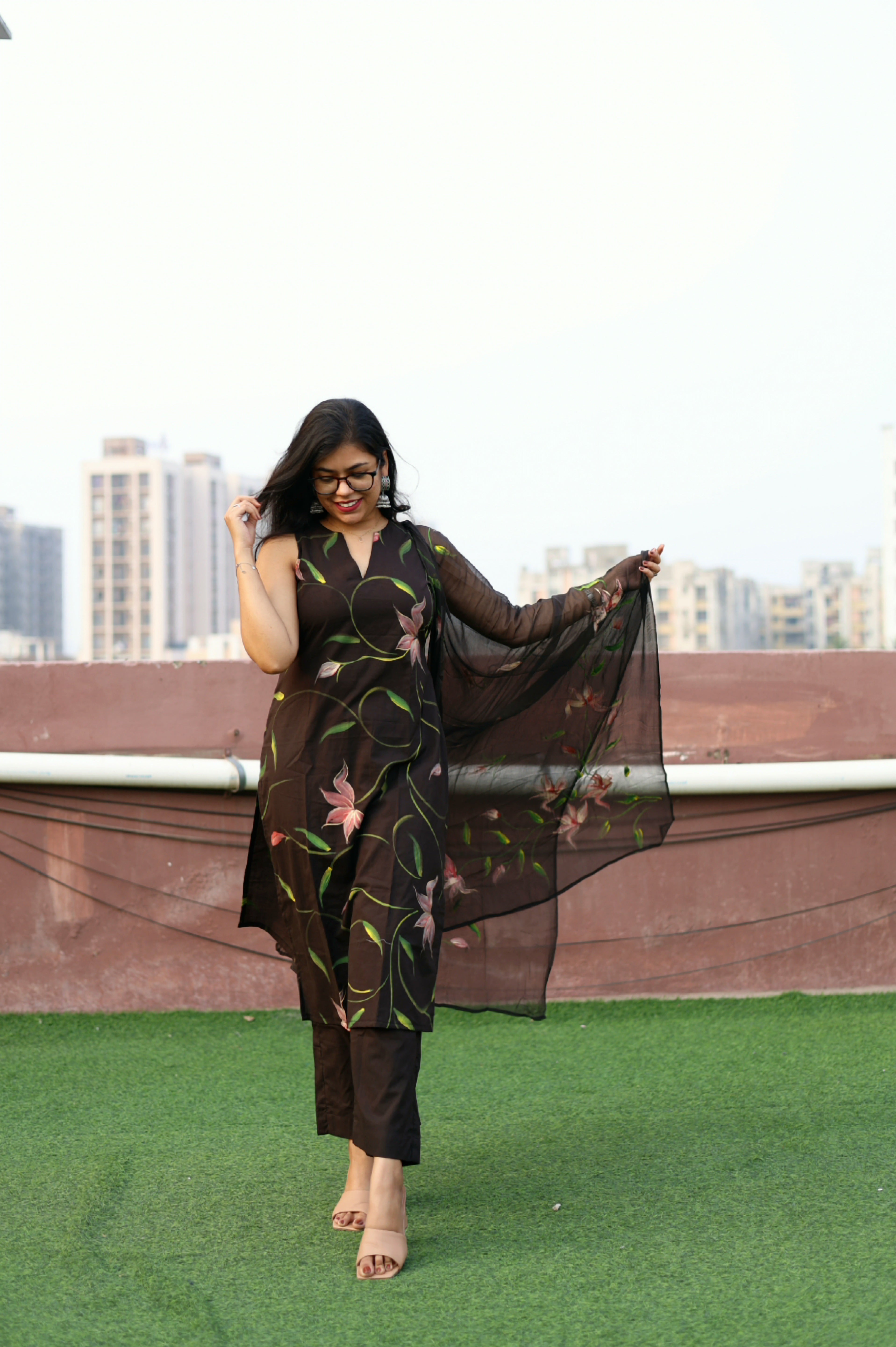 Dark Chocolate Cotton Handpainted Suit Set with Chiffon Dupatta