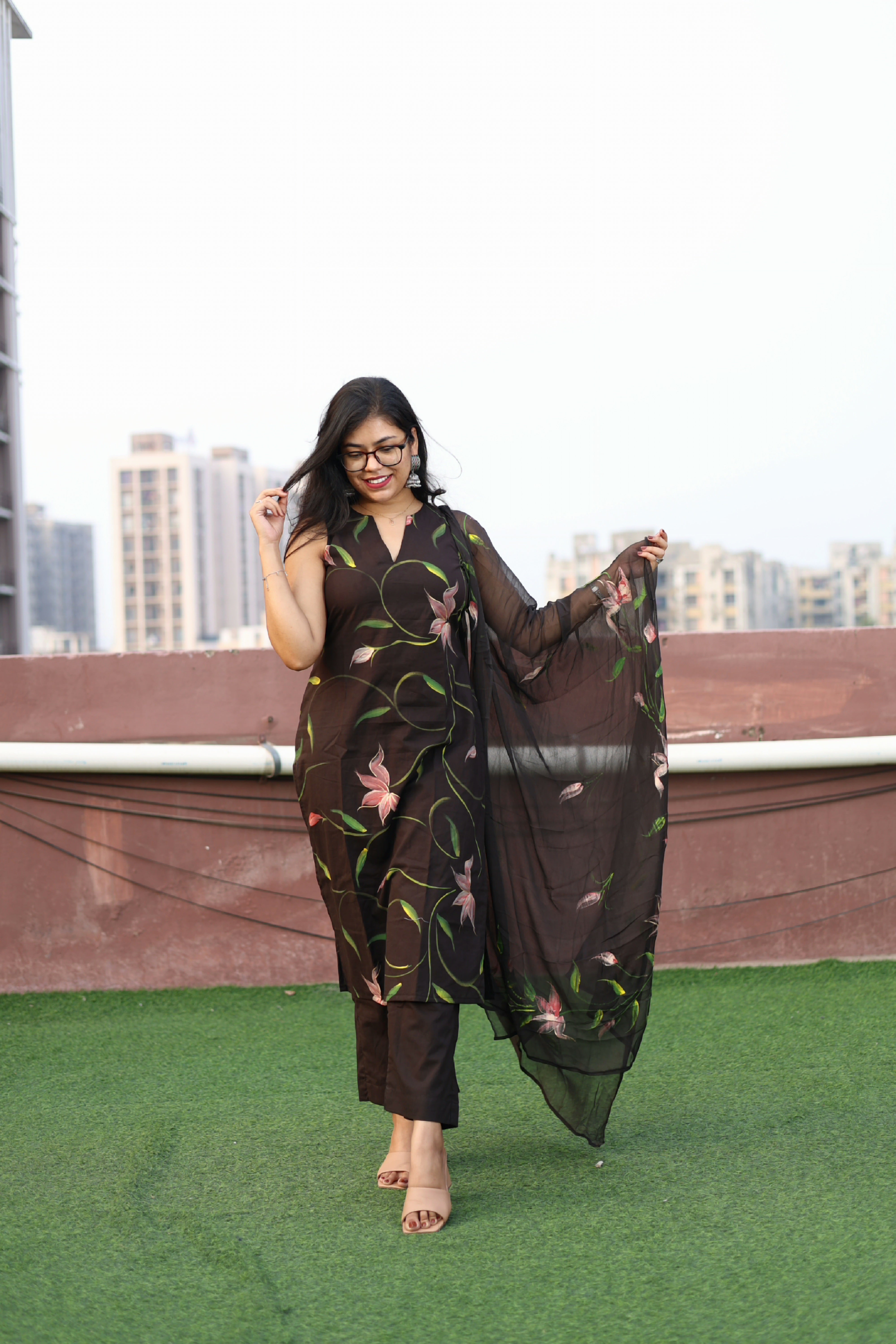 Dark Chocolate Cotton Handpainted Suit Set with Chiffon Dupatta