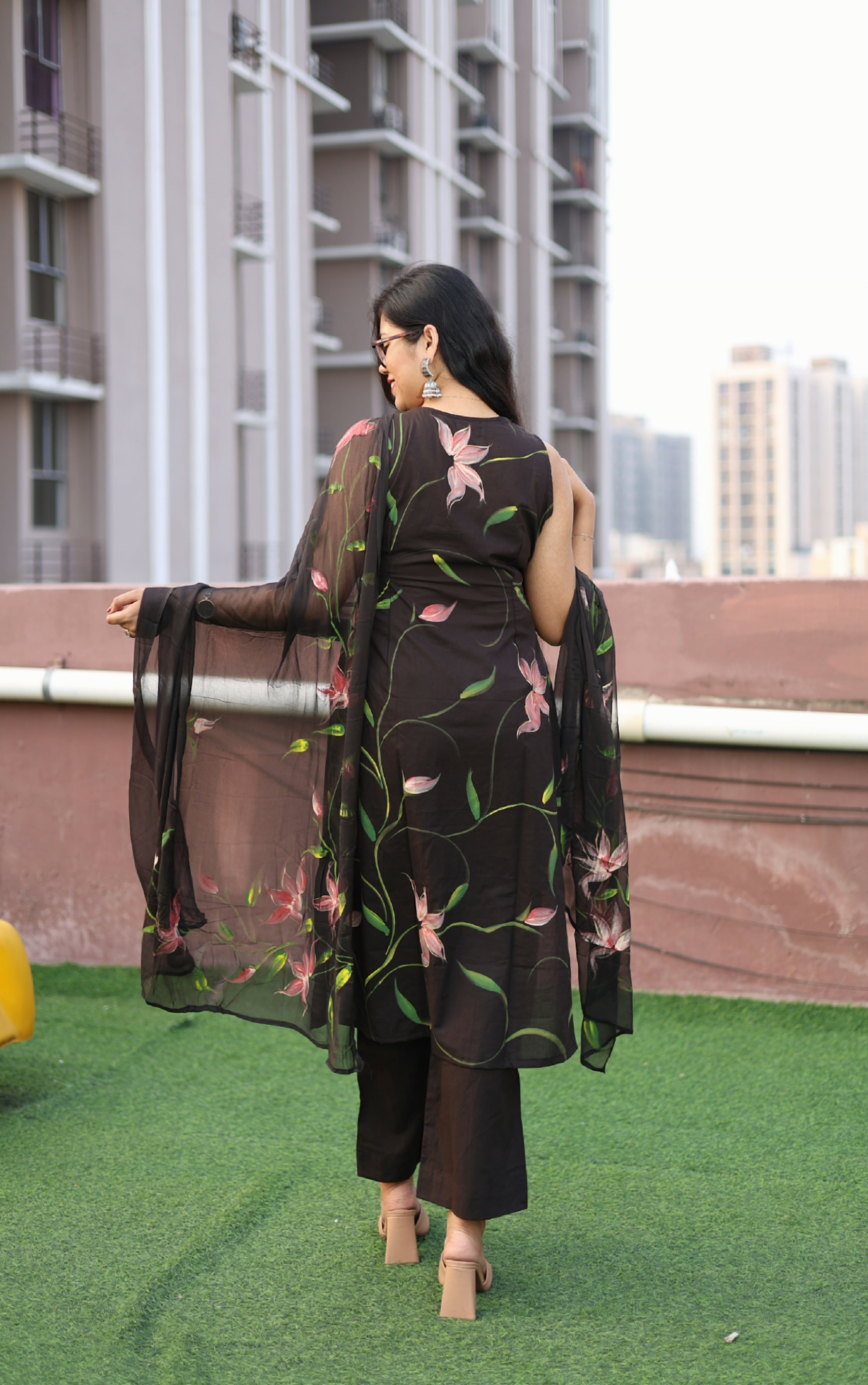 Dark Chocolate Cotton Handpainted Suit Set with Chiffon Dupatta