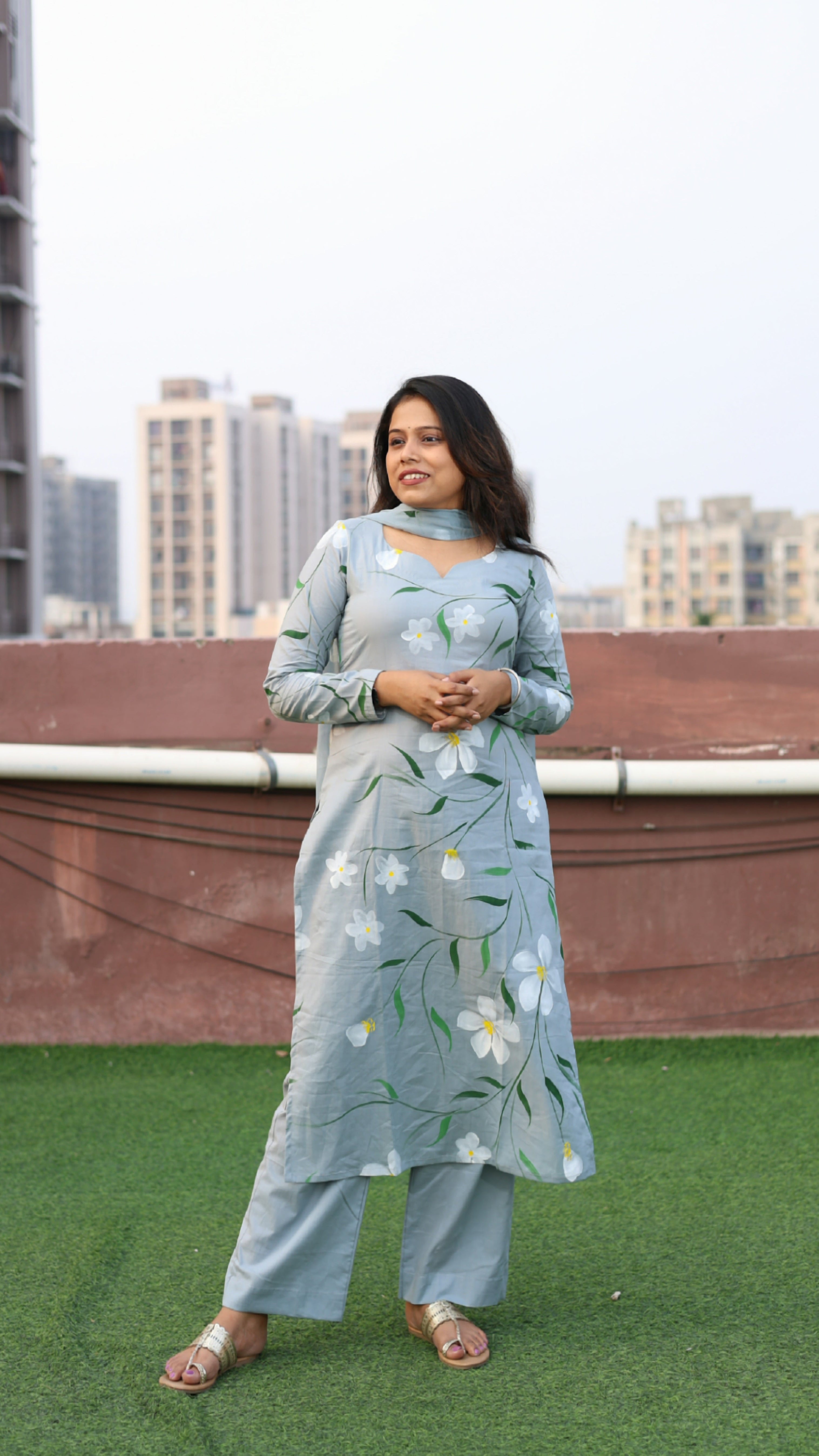 Grey Cotton Handpainted Suit Set with Chiffon Dupatta