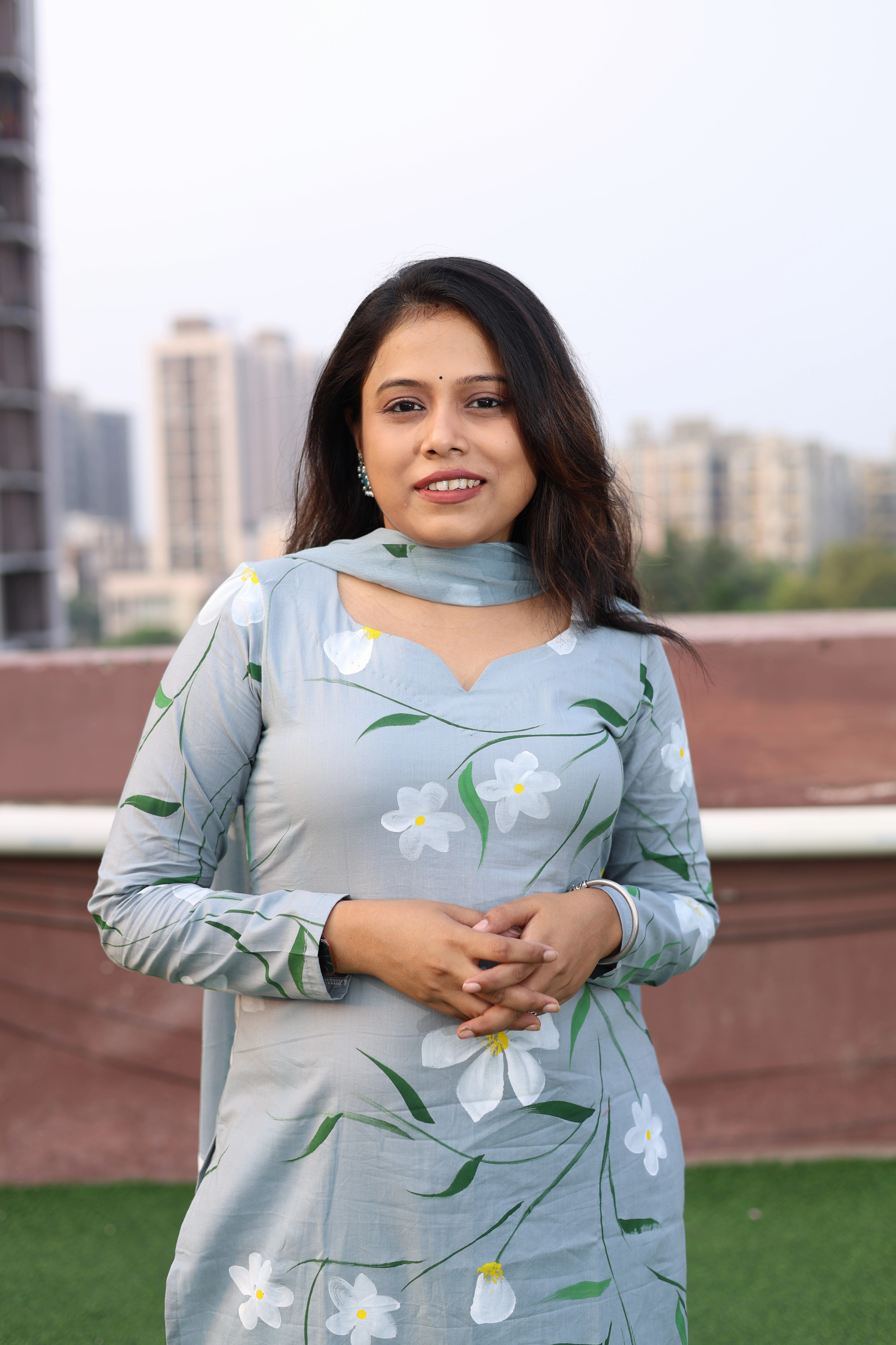 Grey Cotton Handpainted Suit Set with Chiffon Dupatta
