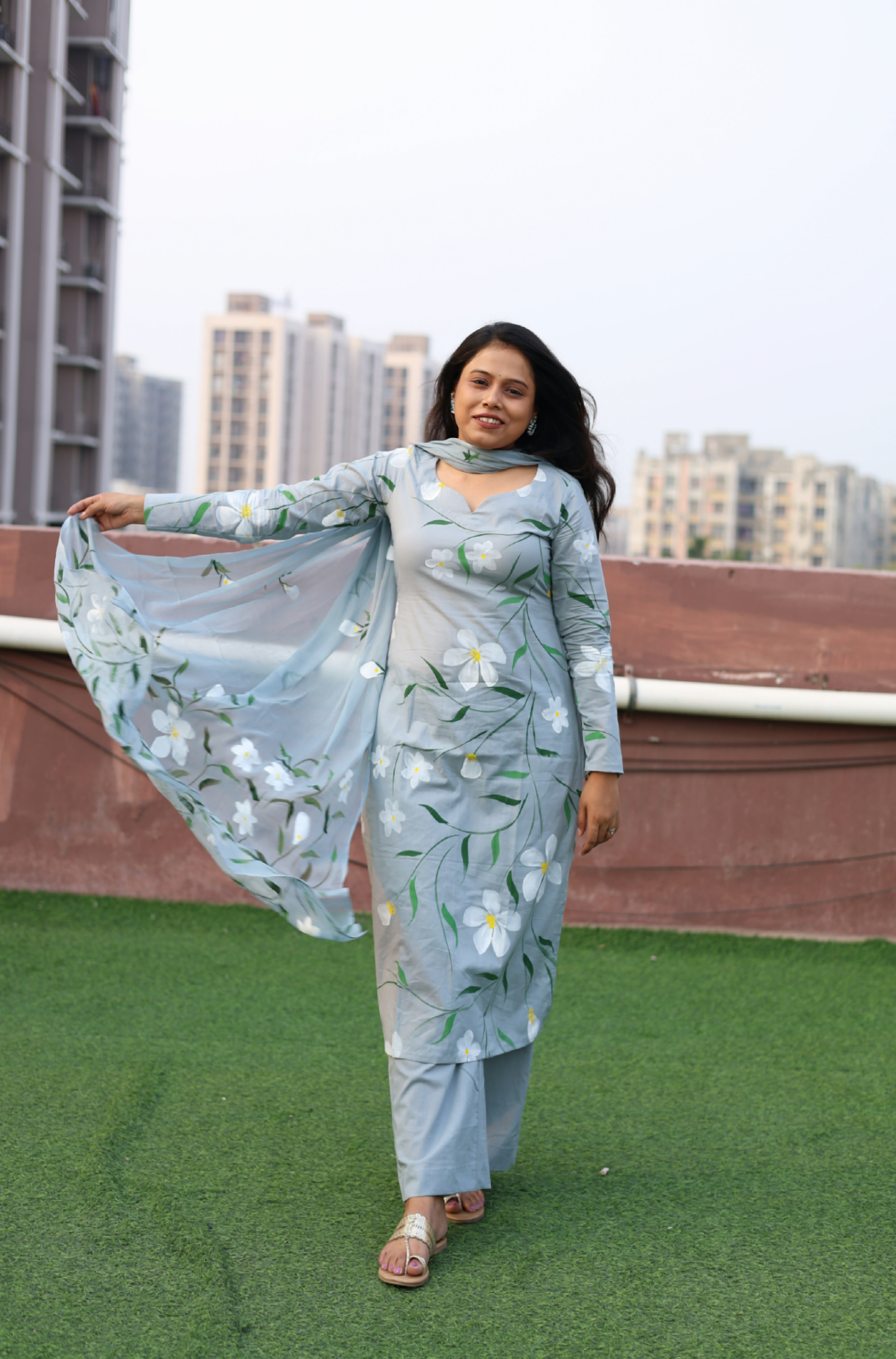 Grey Cotton Handpainted Suit Set with Chiffon Dupatta