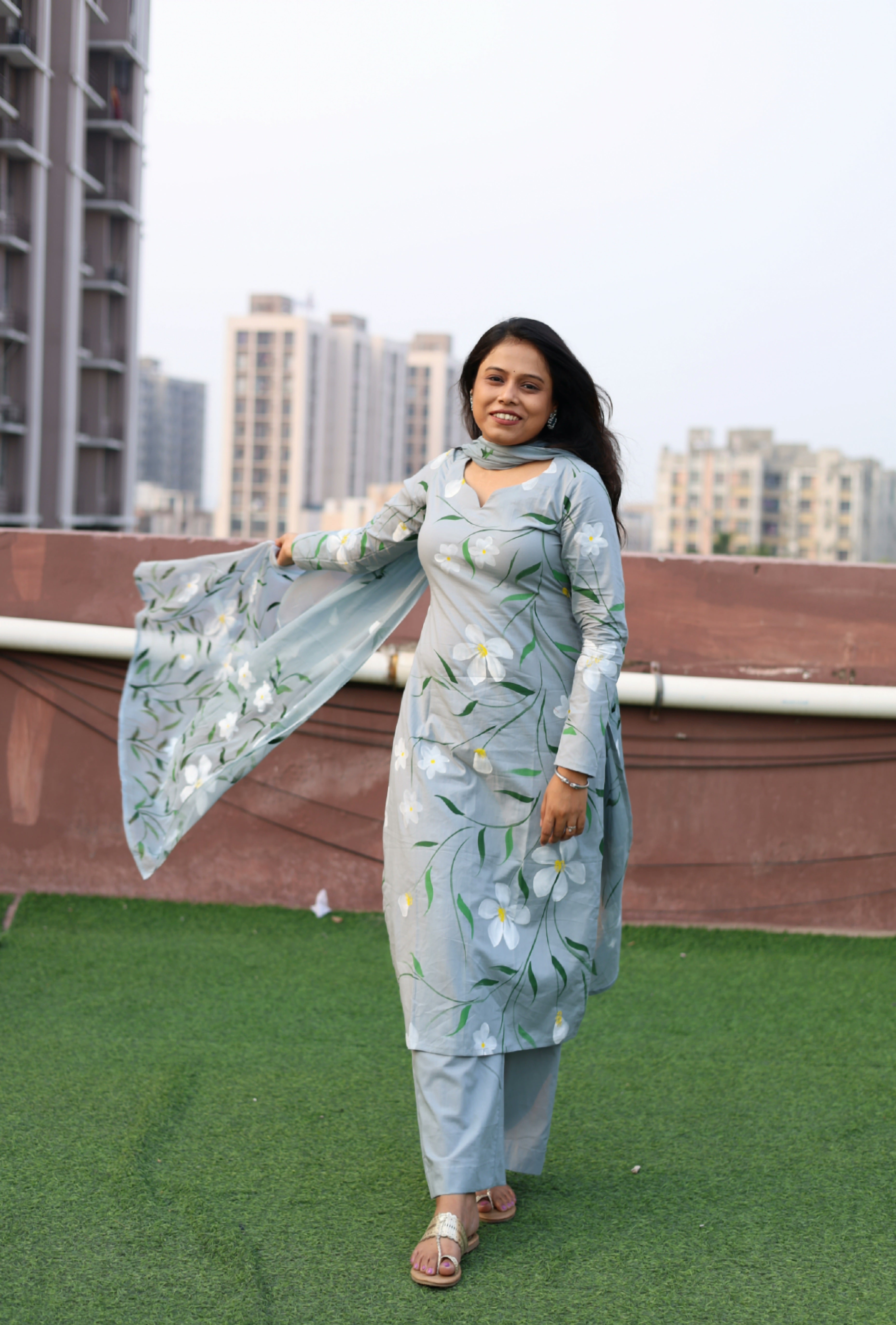 Grey Cotton Handpainted Suit Set with Chiffon Dupatta
