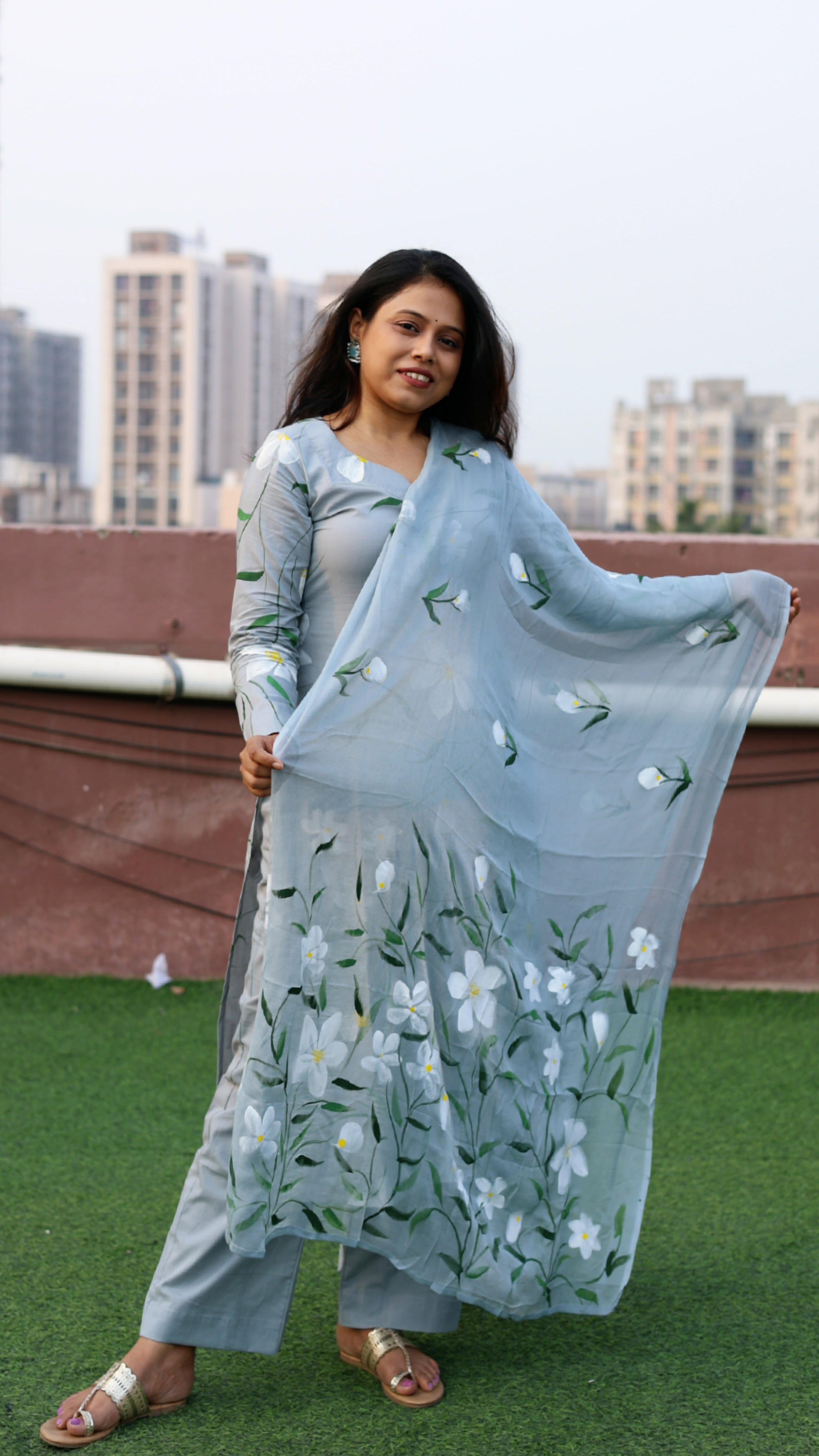 Grey Cotton Handpainted Suit Set with Chiffon Dupatta