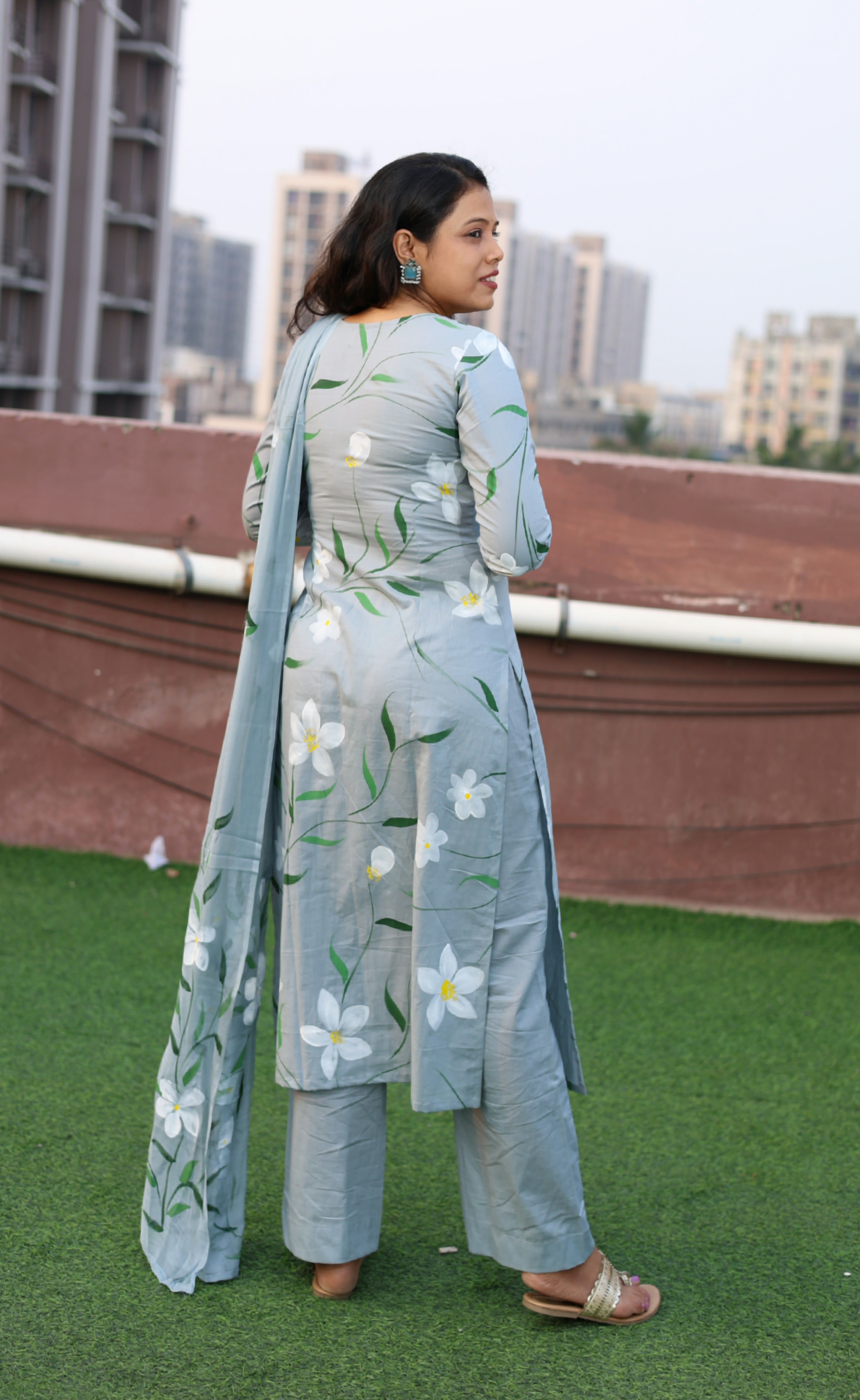 Grey Cotton Handpainted Suit Set with Chiffon Dupatta