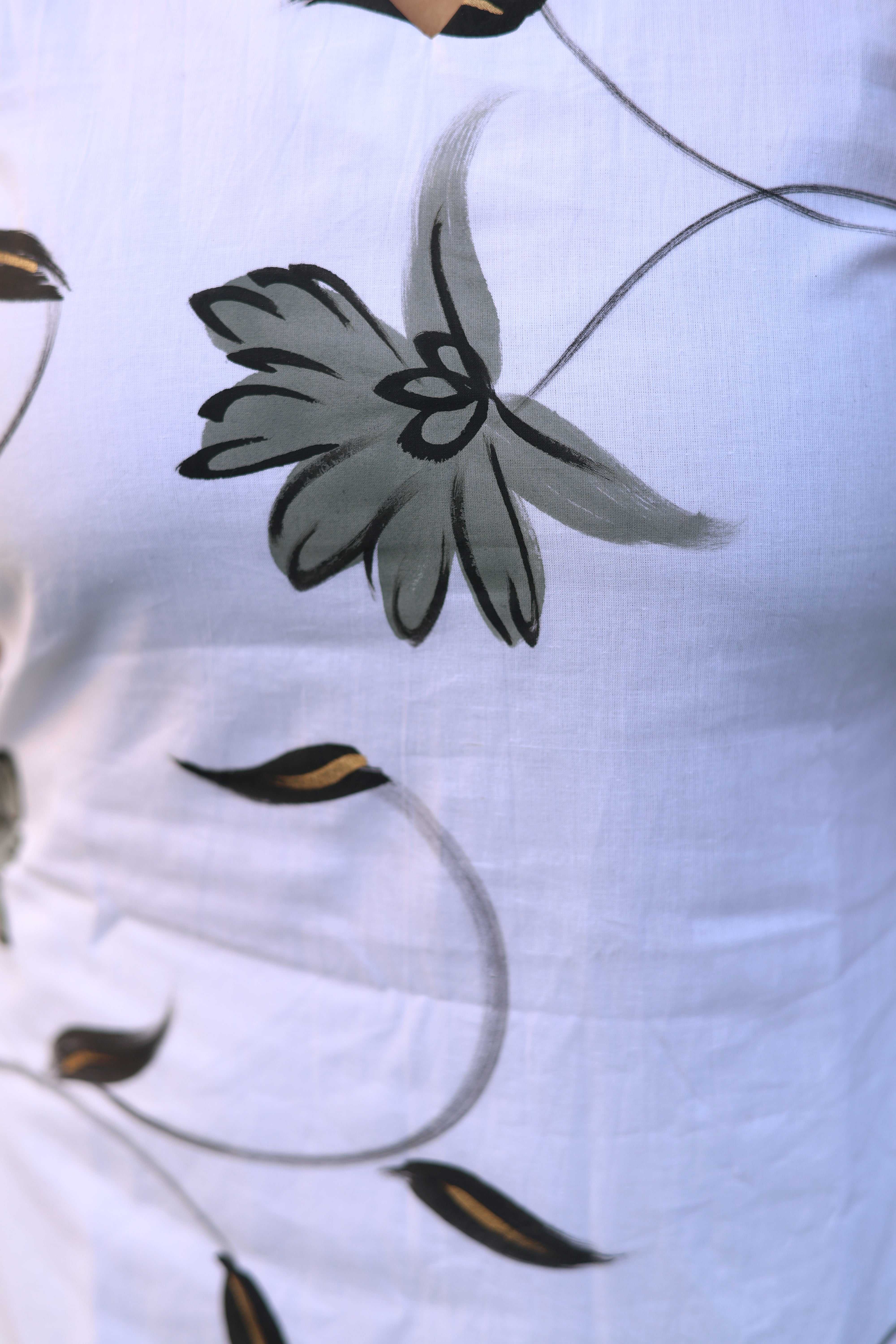White Cotton Handpainted Suit Set with Chiffon Dupatta