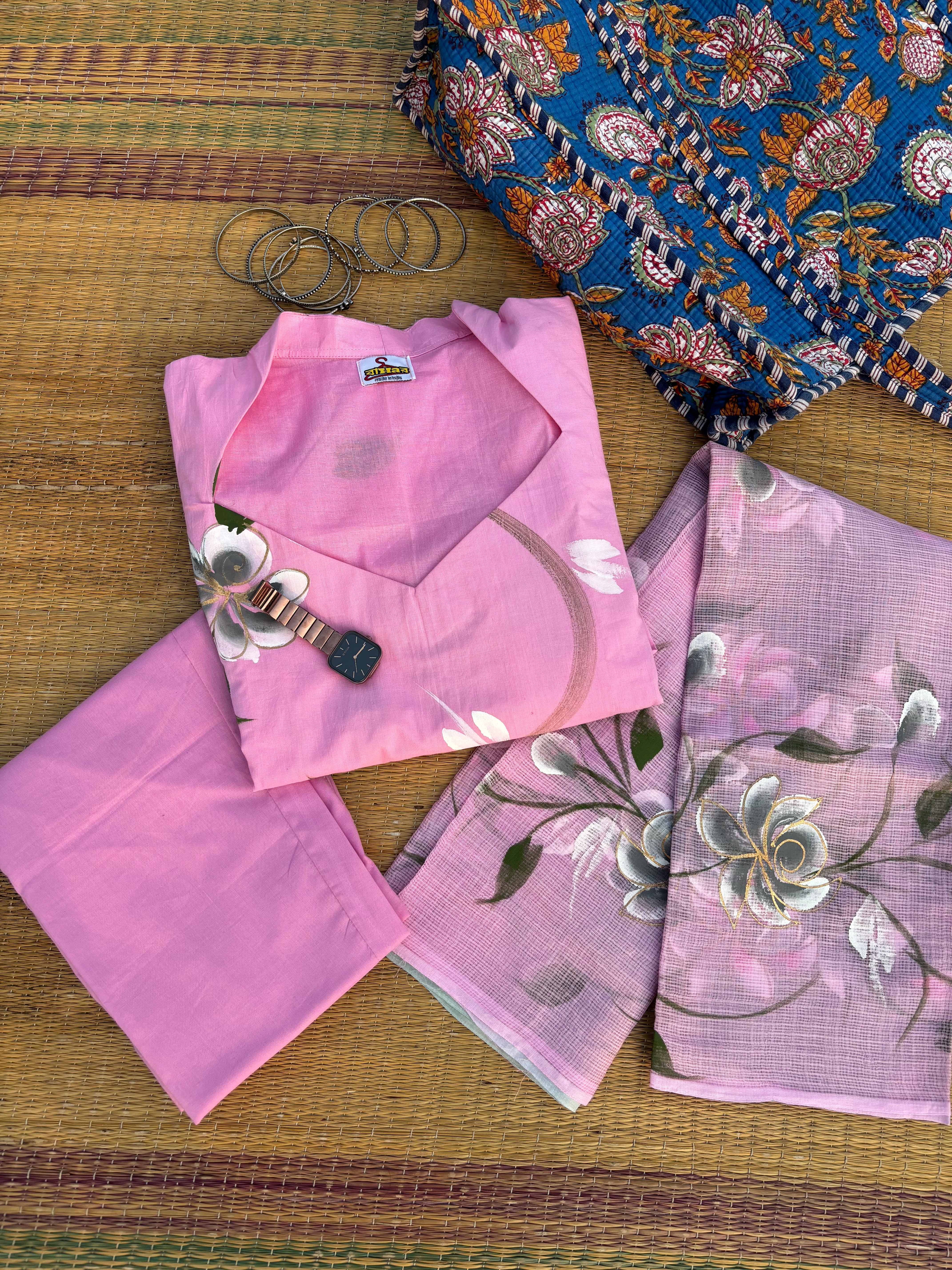 PALLAVI - PINK GREY COTTON OMBRÉ HANDPAINTED SUIT SET WITH KOTA DORIYA DUPATTA