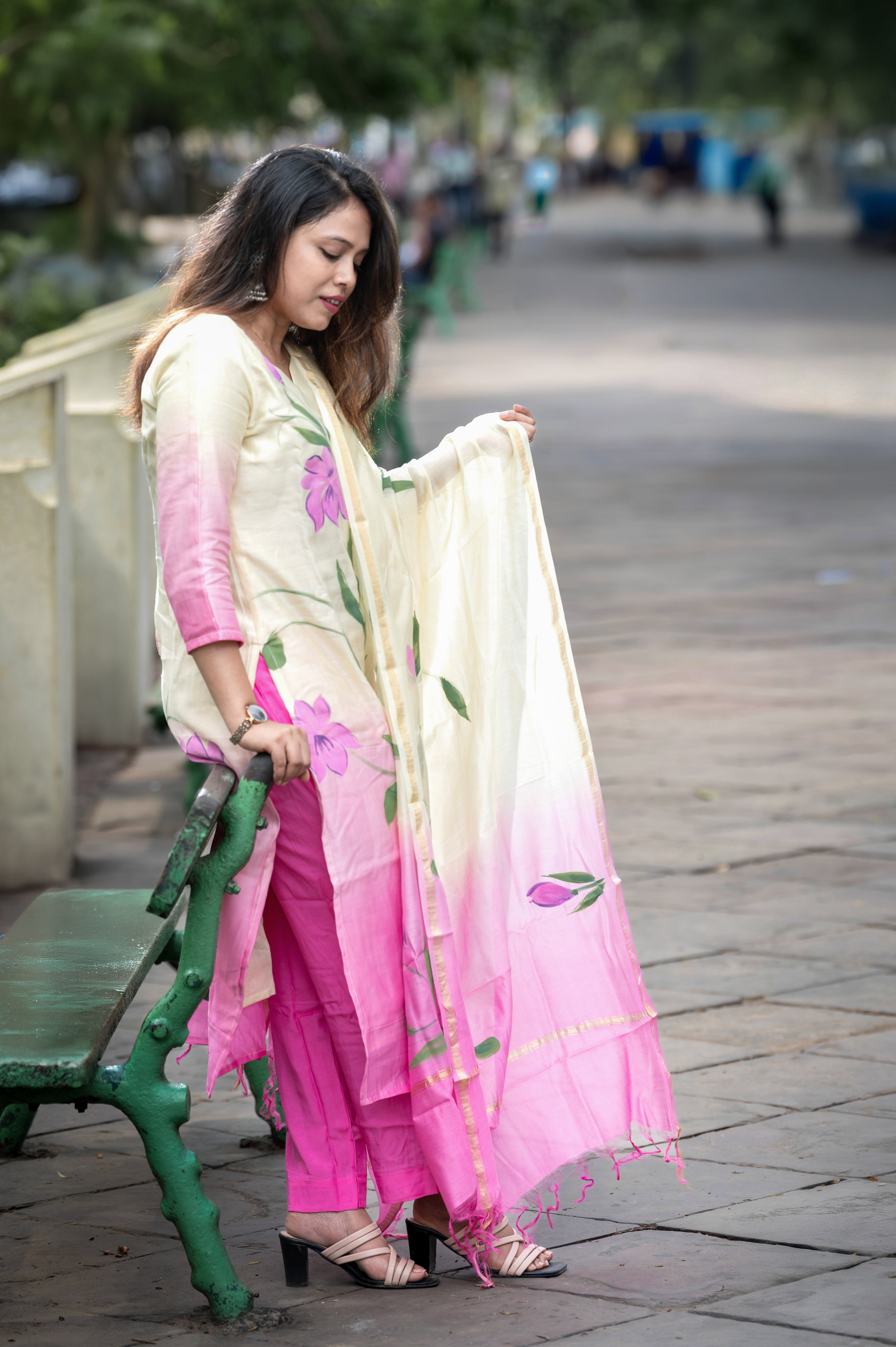 Yellow and Pink Ombré Chanderi Silk Handpainted Suit Set