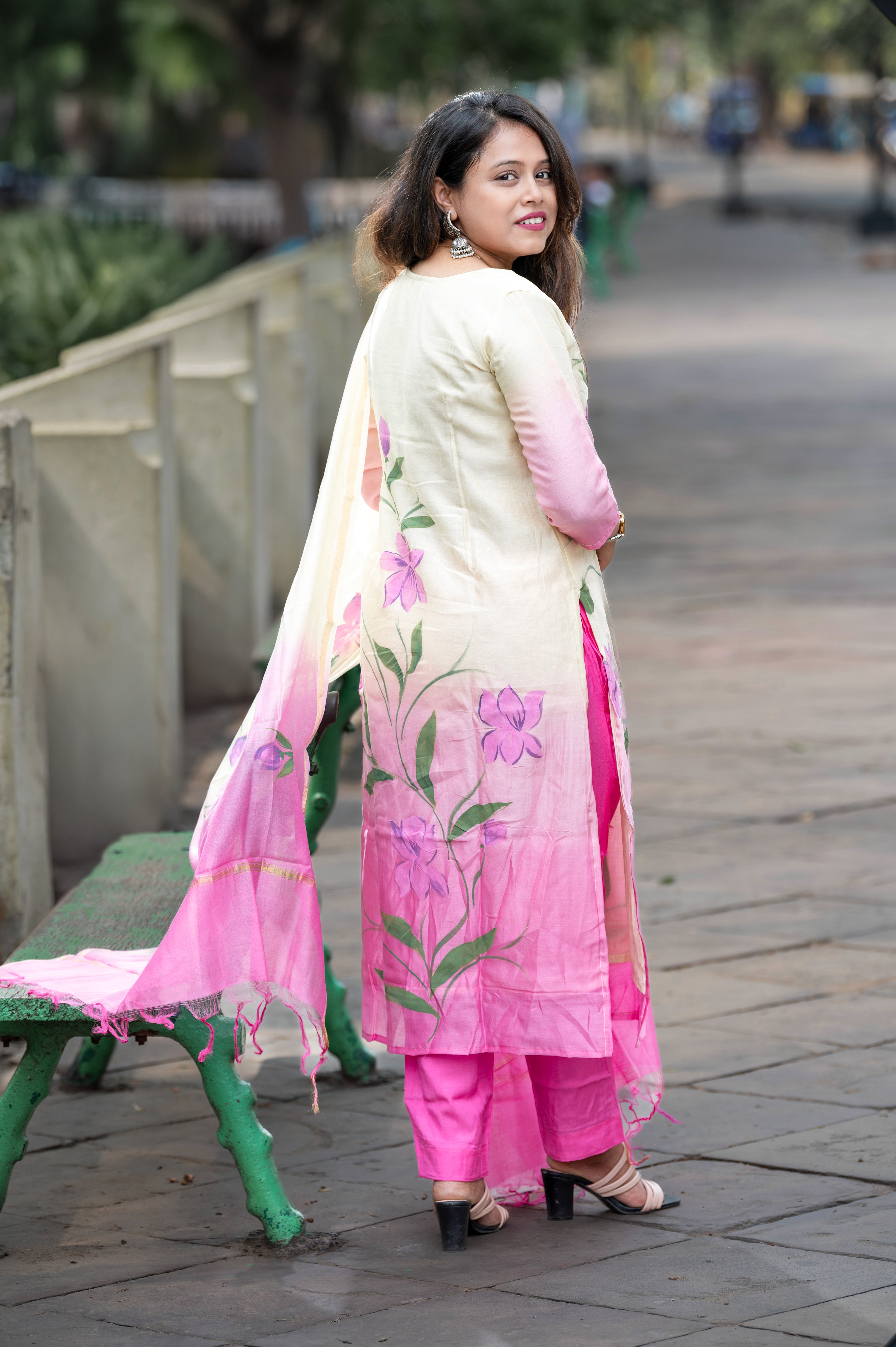 Yellow and Pink Ombré Chanderi Silk Handpainted Suit Set