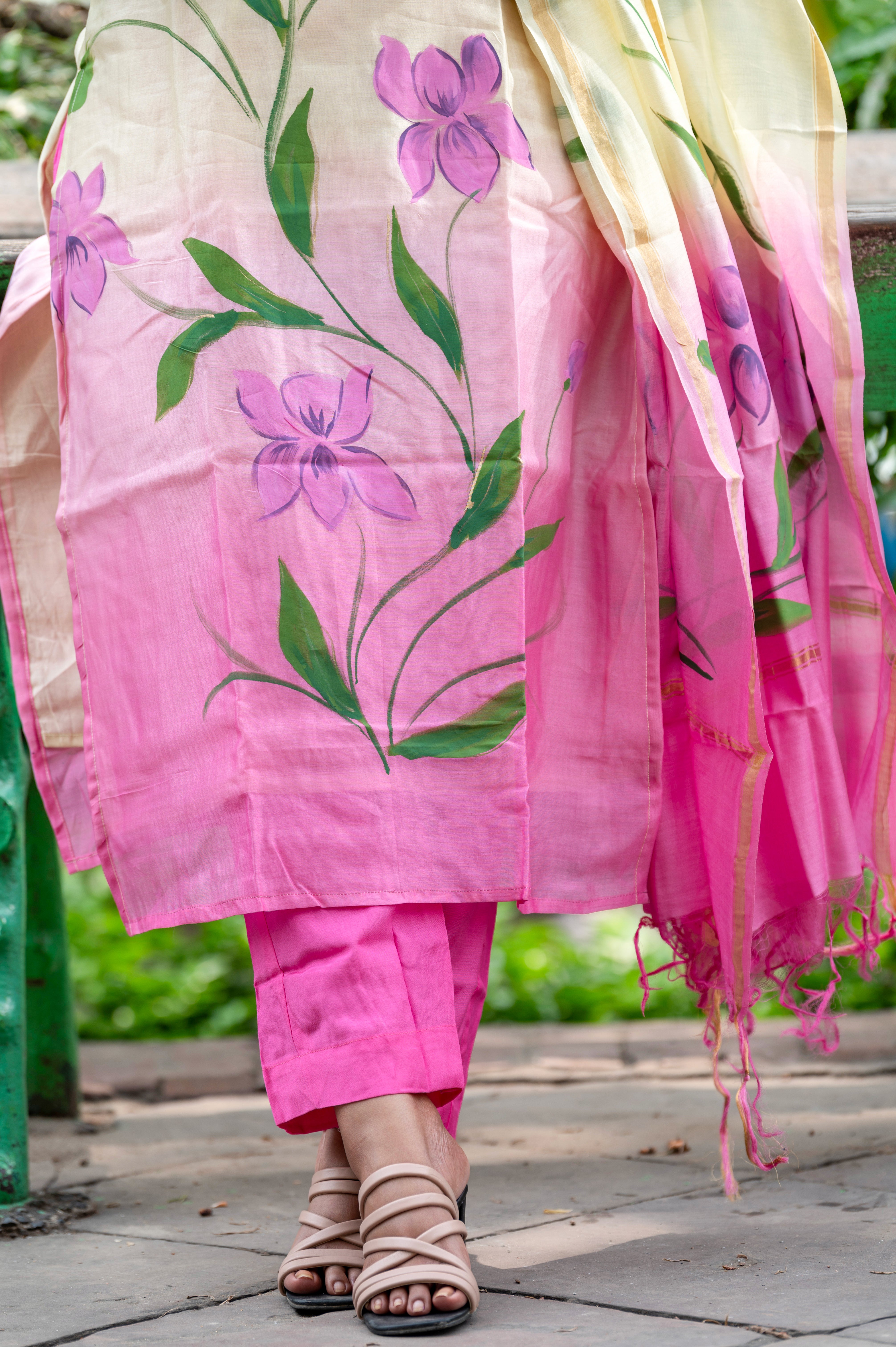 Yellow and Pink Ombré Chanderi Silk Handpainted Suit Set