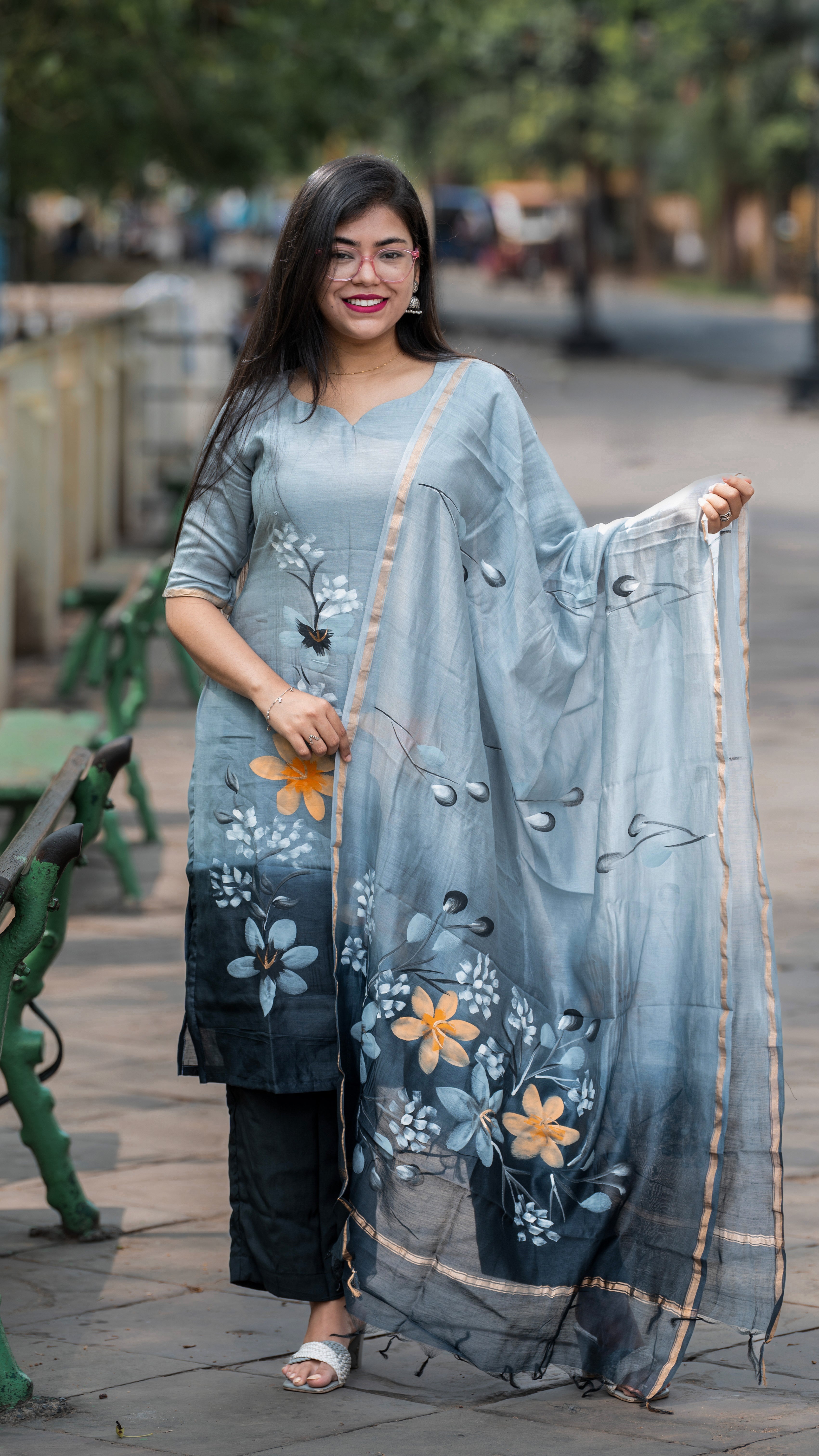 Grey and Black Ombré Chanderi Silk Handpainted Suit Set