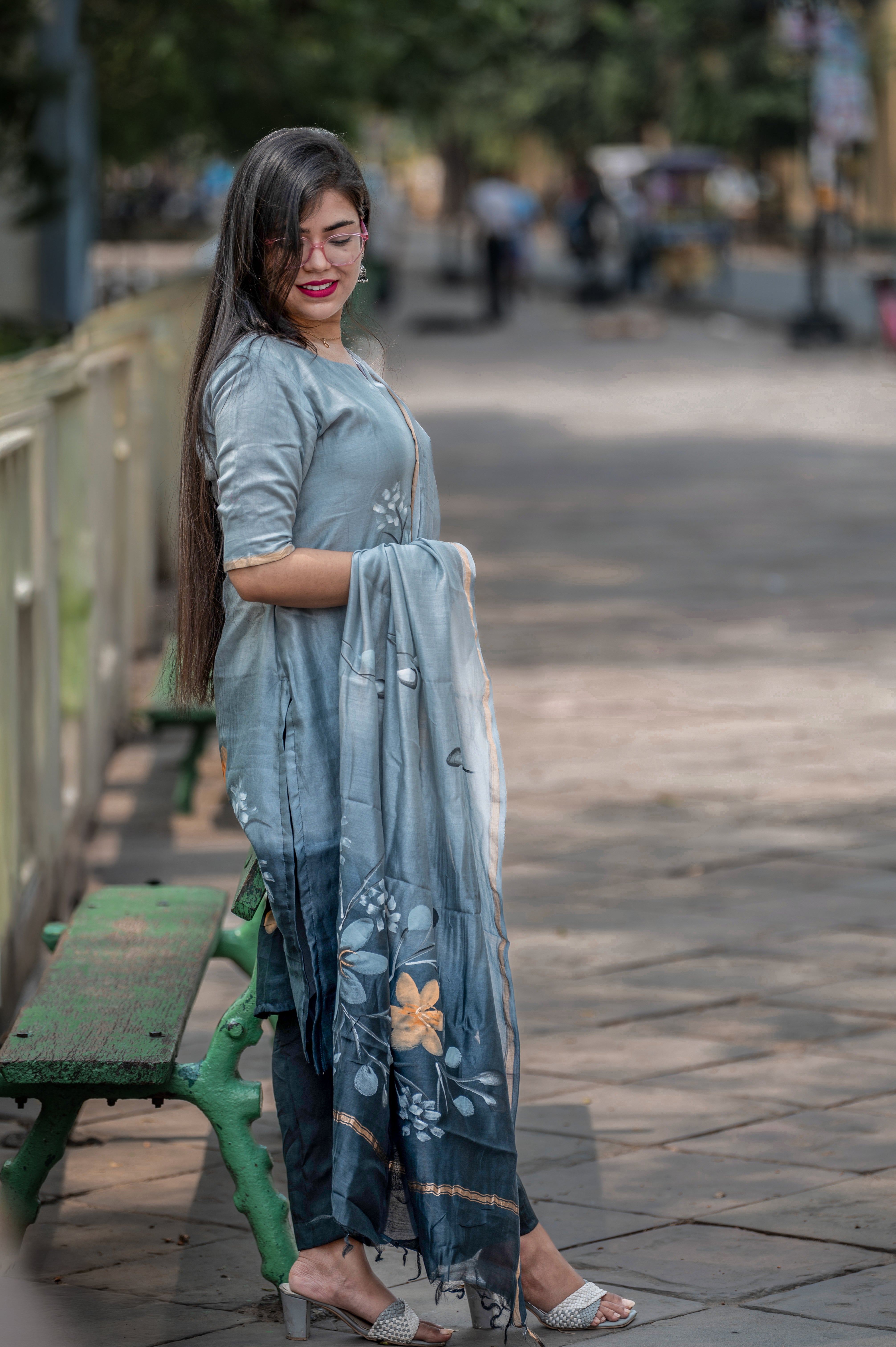 Grey and Black Ombré Chanderi Silk Handpainted Suit Set