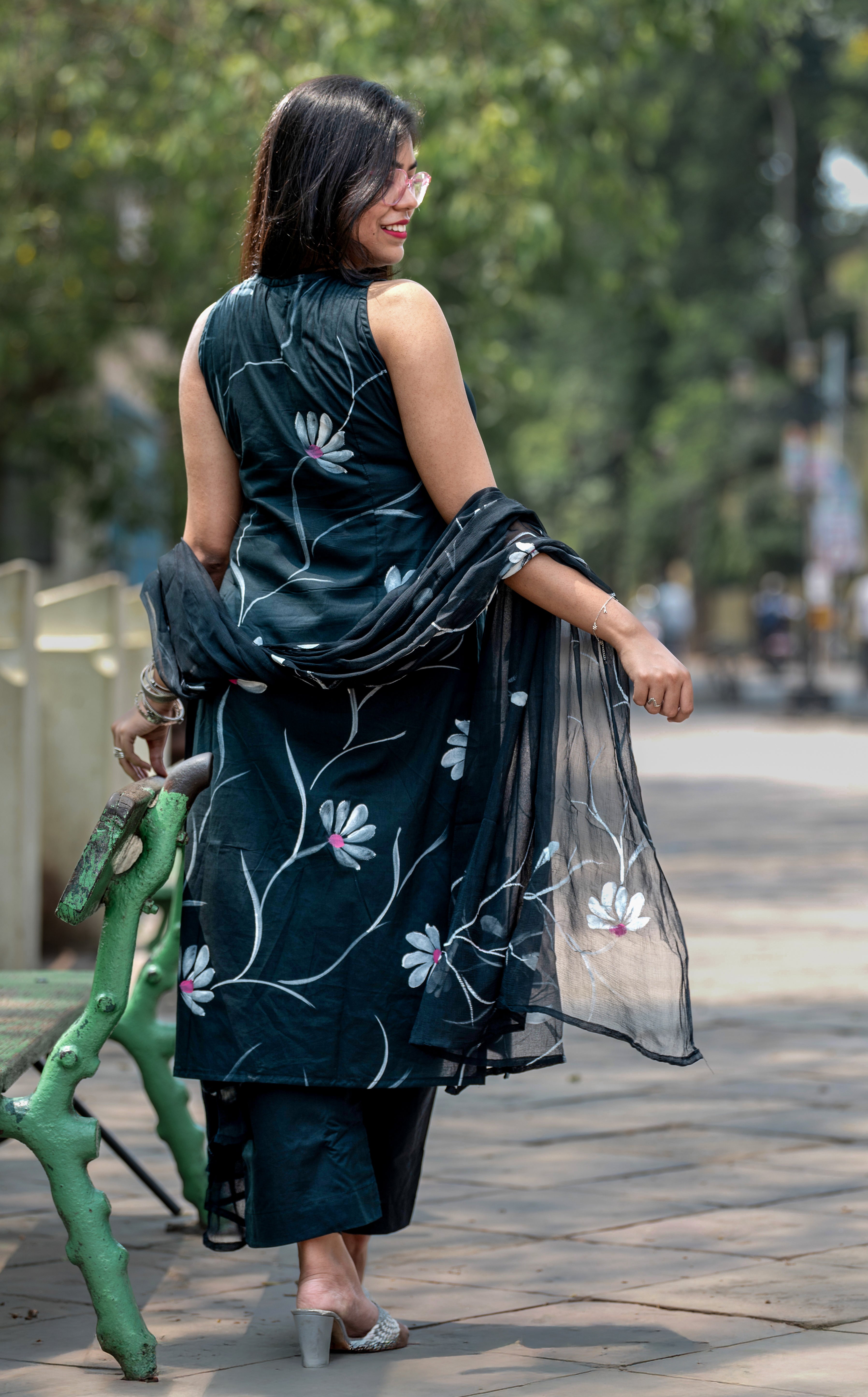 Midnight Green Cotton Handpainted Suit Set with Chiffon Dupatta