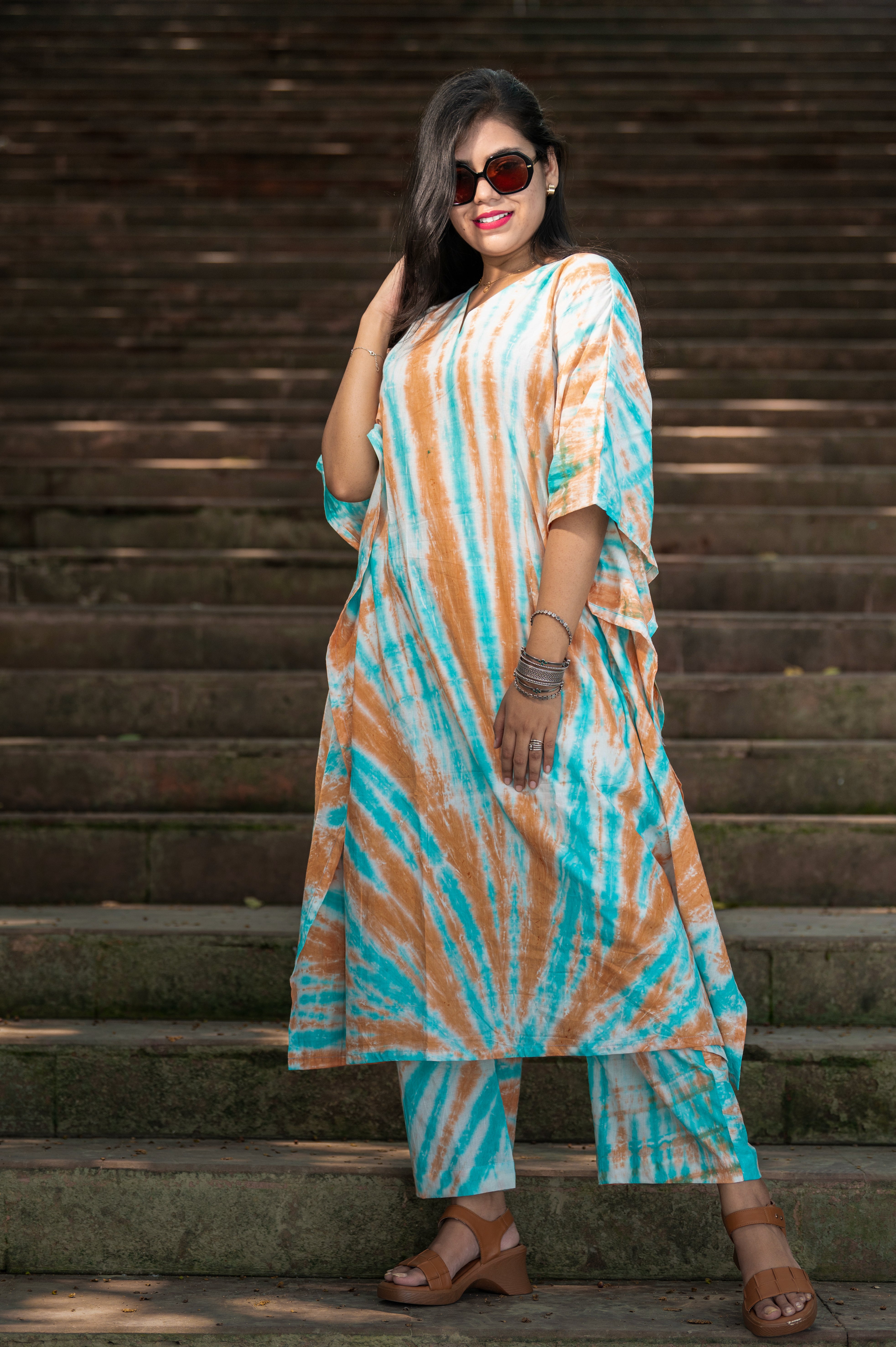 Inara Aqua and Orange Kaftaan Kurta Pant Set