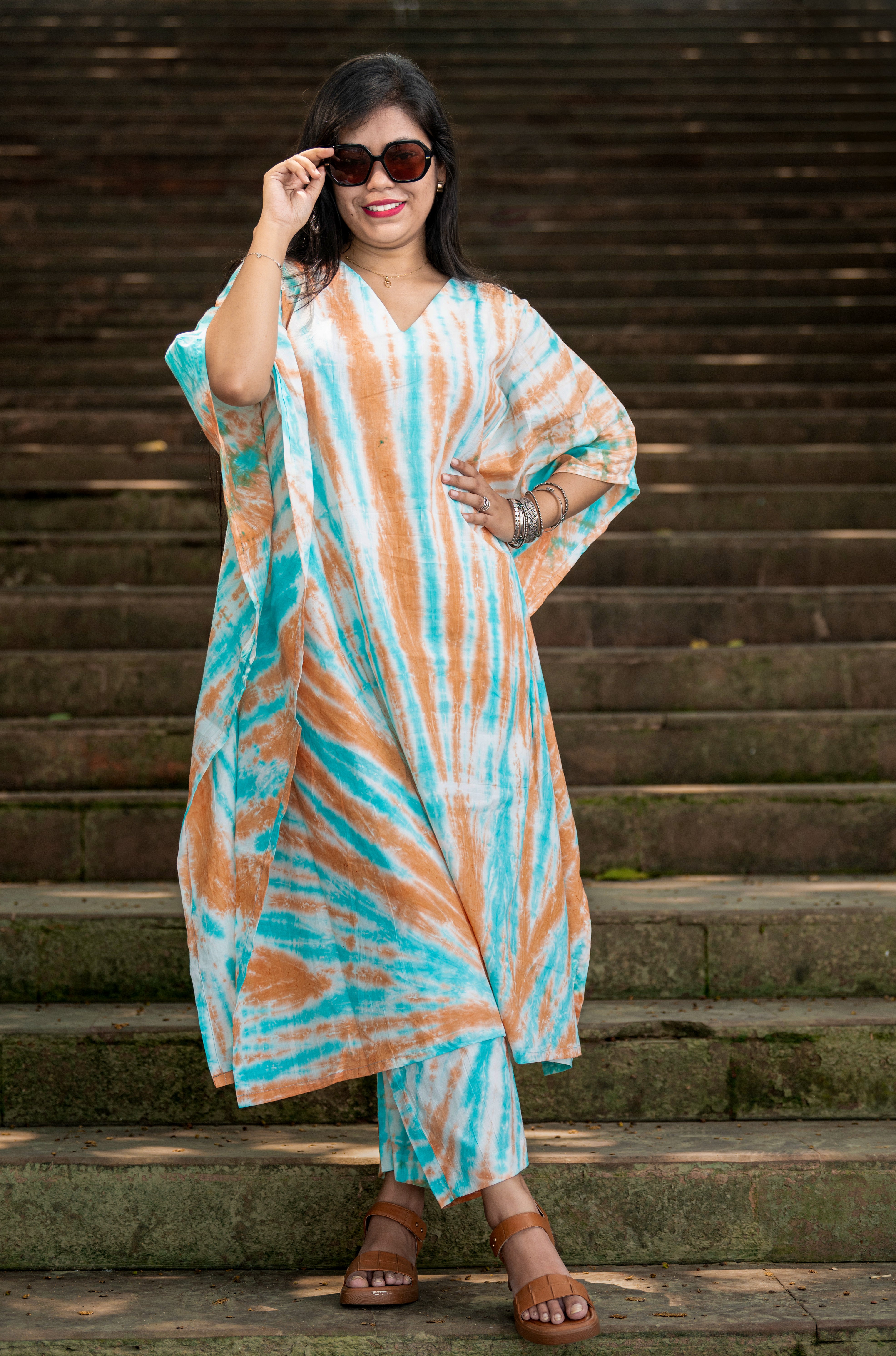 Inara Aqua and Orange Kaftaan Kurta Pant Set