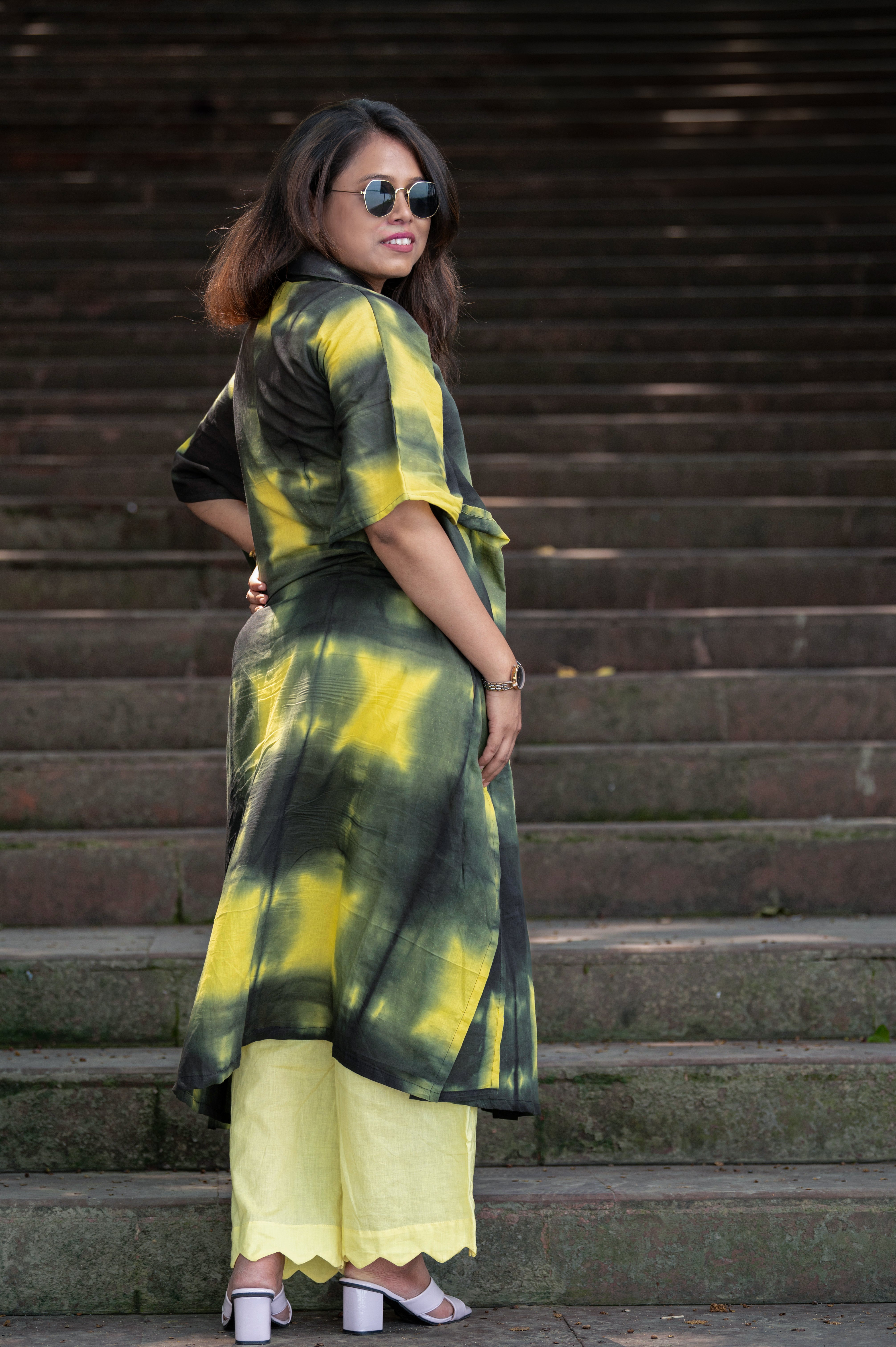 Inara Green Yellow Kaftaan Kurta Pant Set