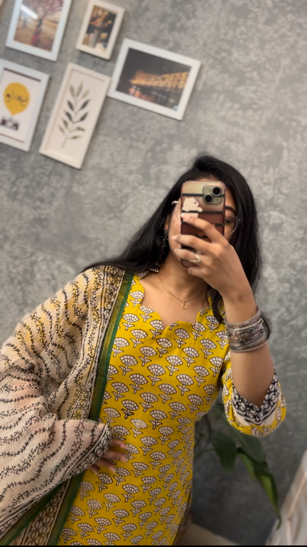 YELLOW HANDBLOCK SUIT SET WITH KOTA DORIYA DUPATTA