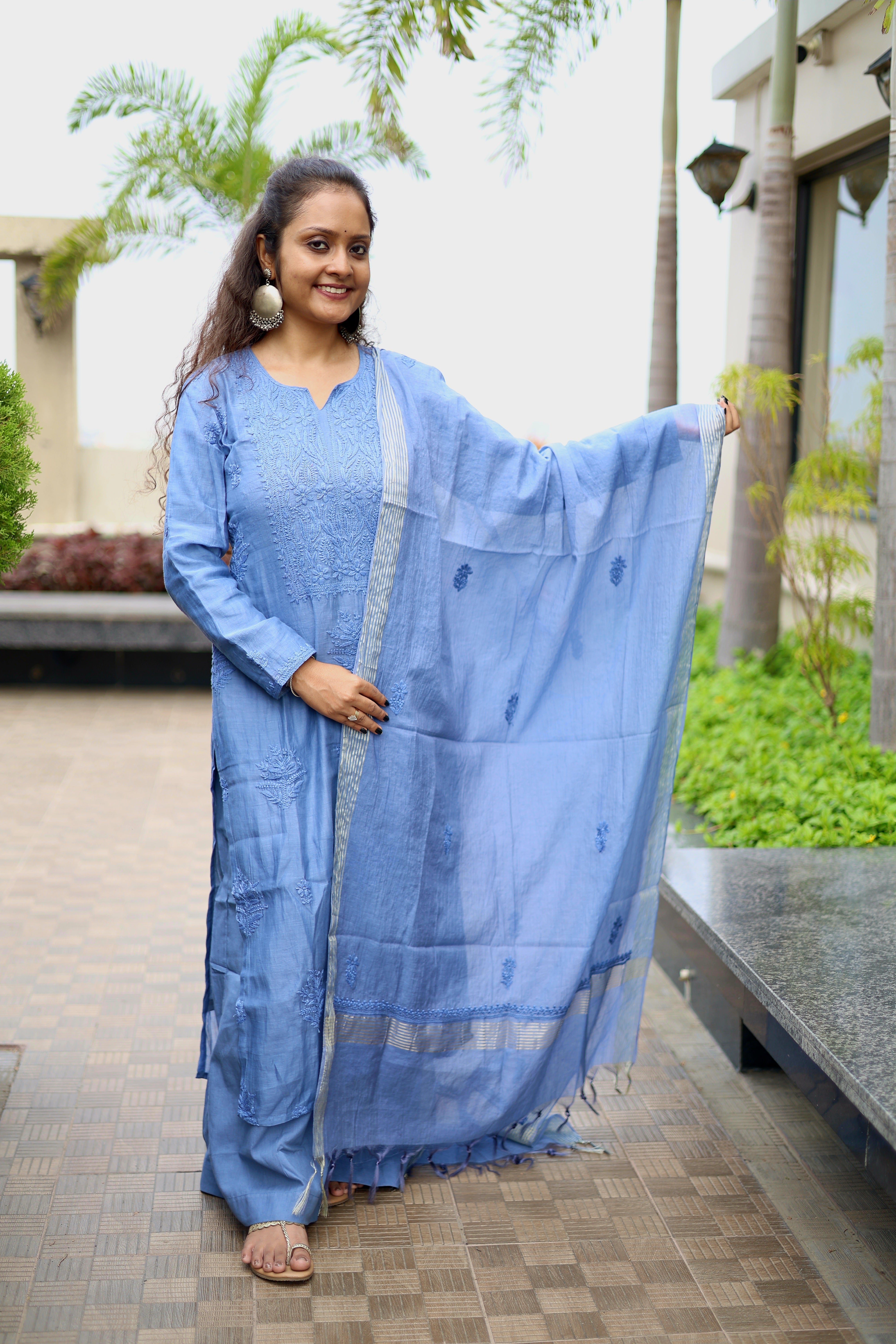 Mul-Chanderi Chikankari Suit Set