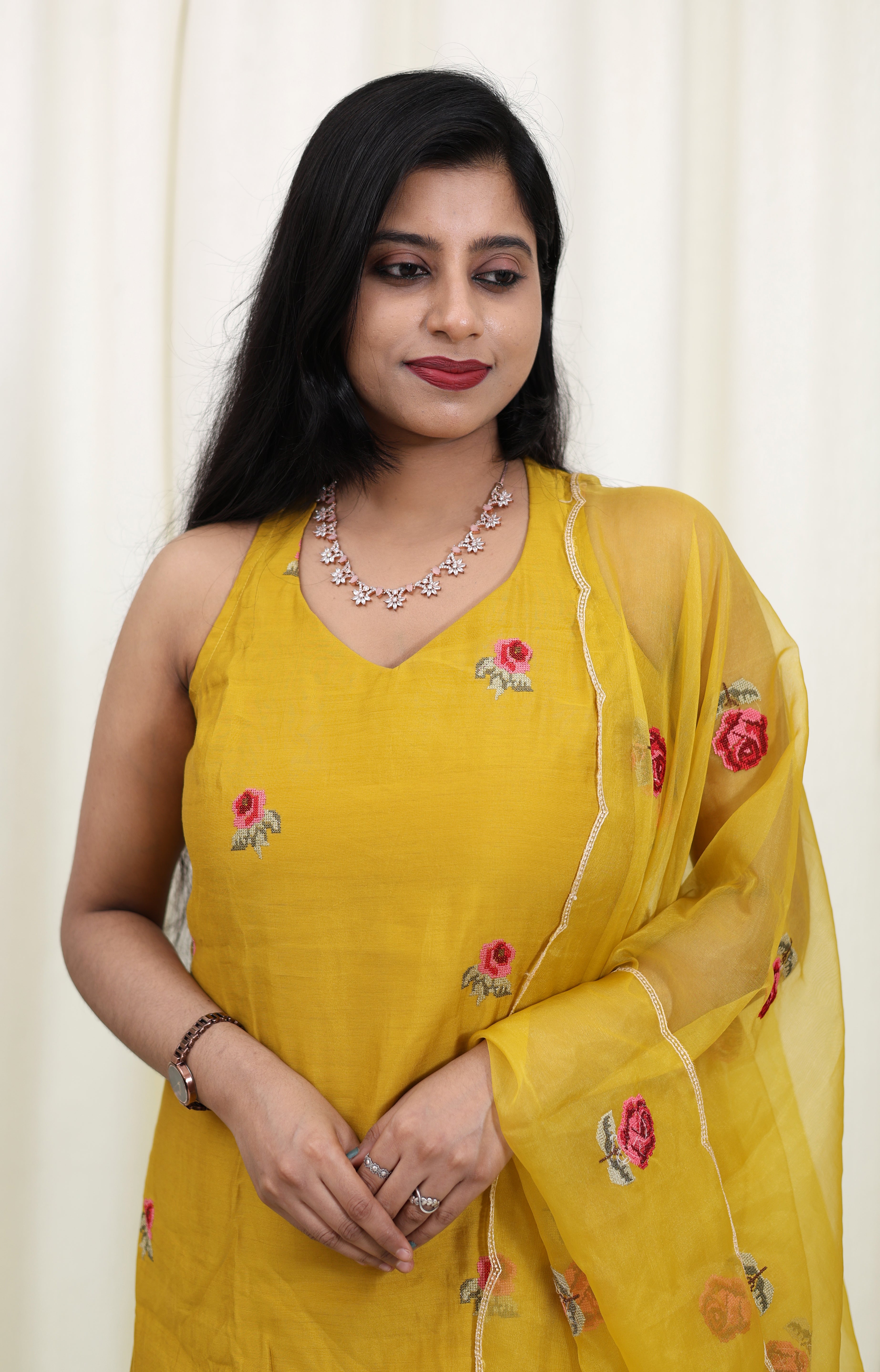 Yellow Rose Muslin Suit Set with Organza Dupatta