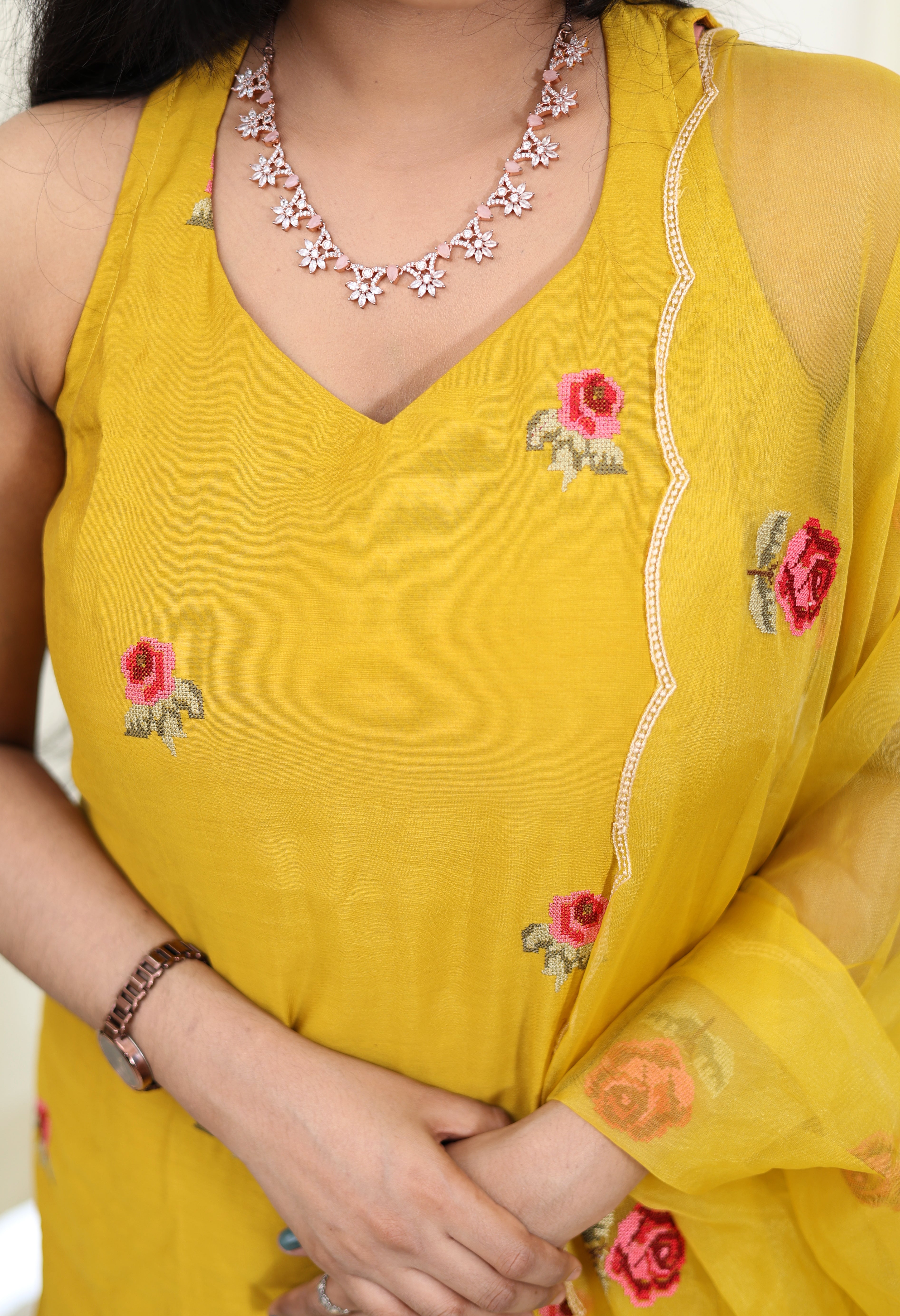 Yellow Rose Muslin Suit Set with Organza Dupatta