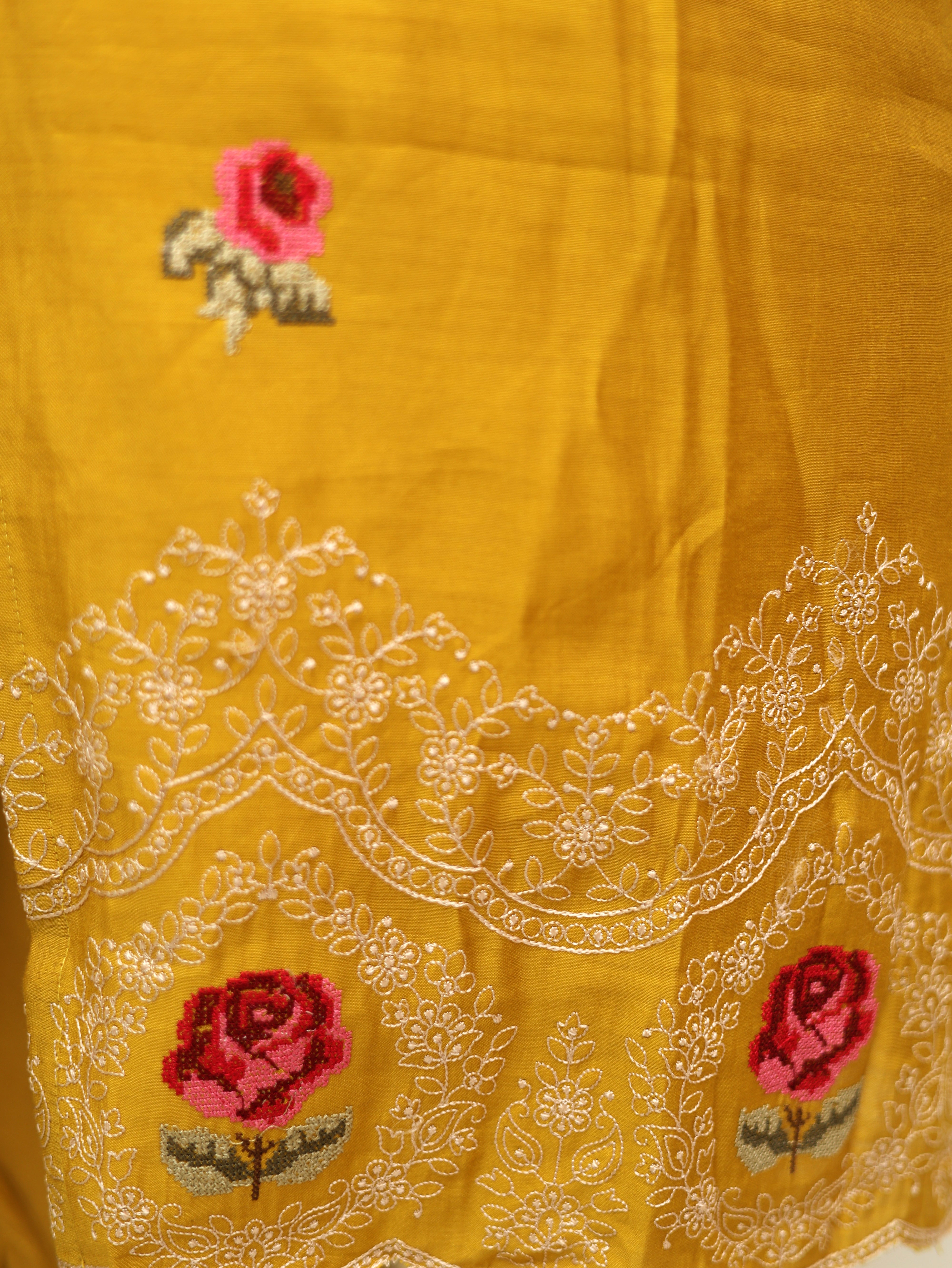 Yellow Rose Muslin Suit Set with Organza Dupatta