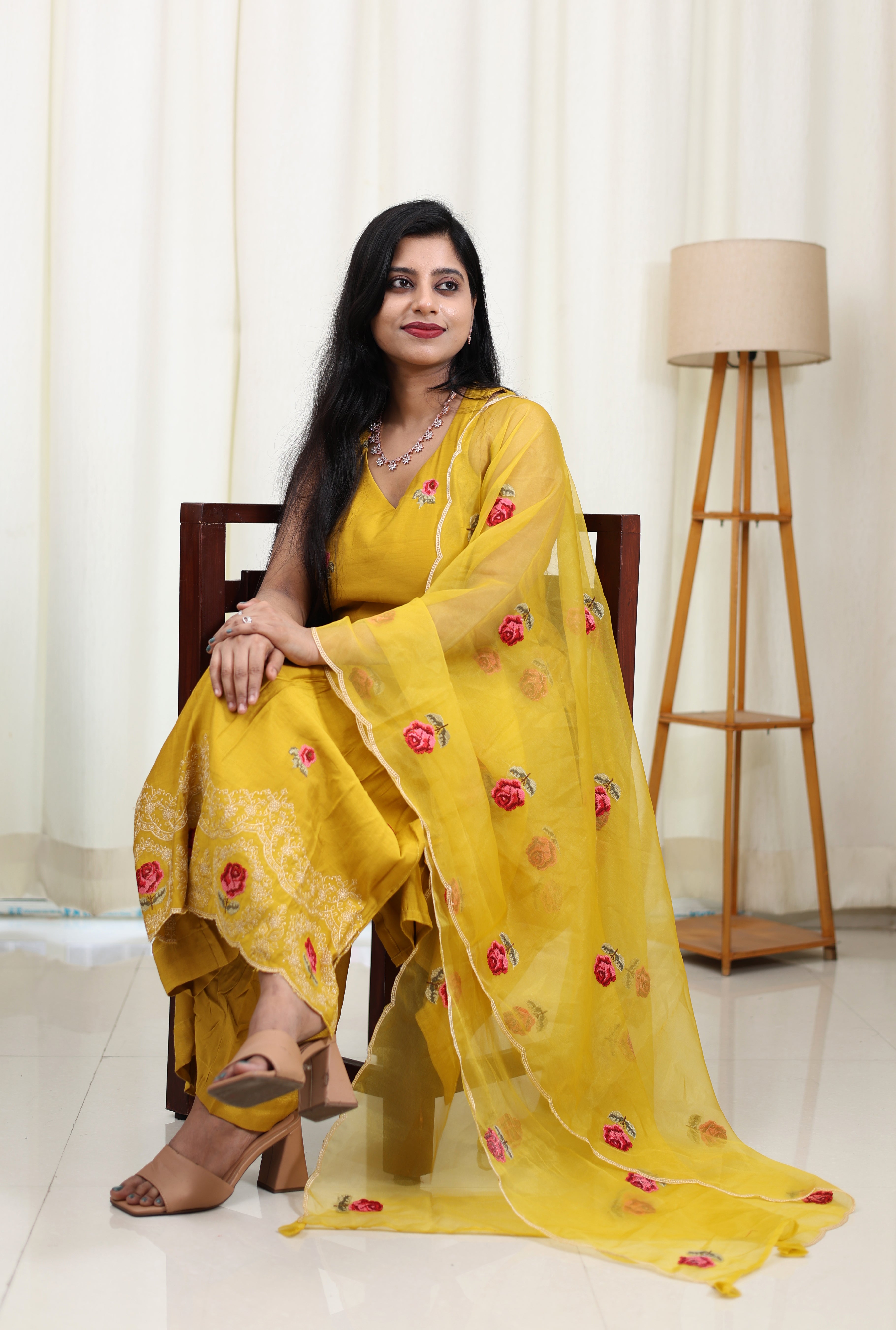 Yellow Rose Muslin Suit Set with Organza Dupatta