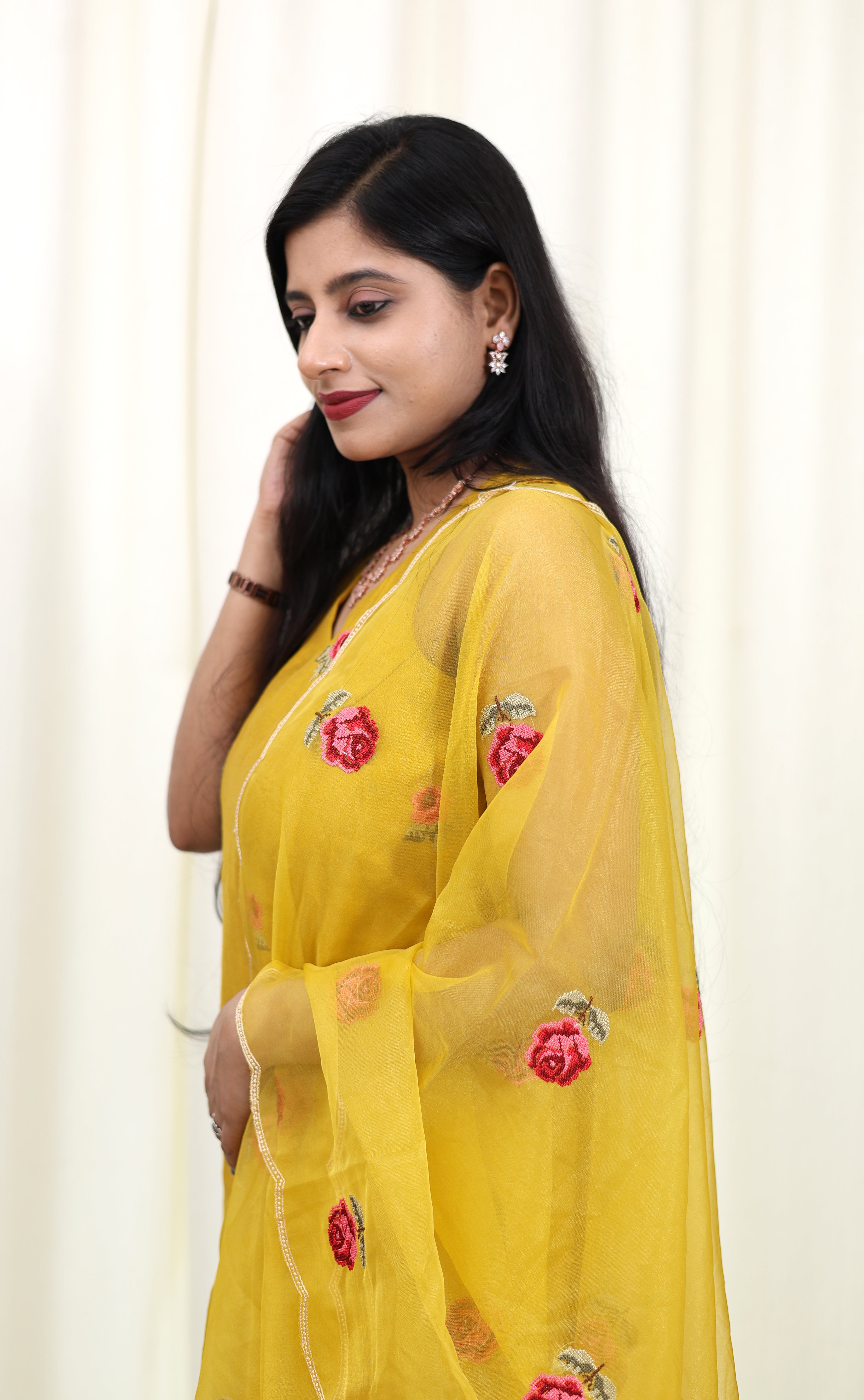 Yellow Rose Muslin Suit Set with Organza Dupatta