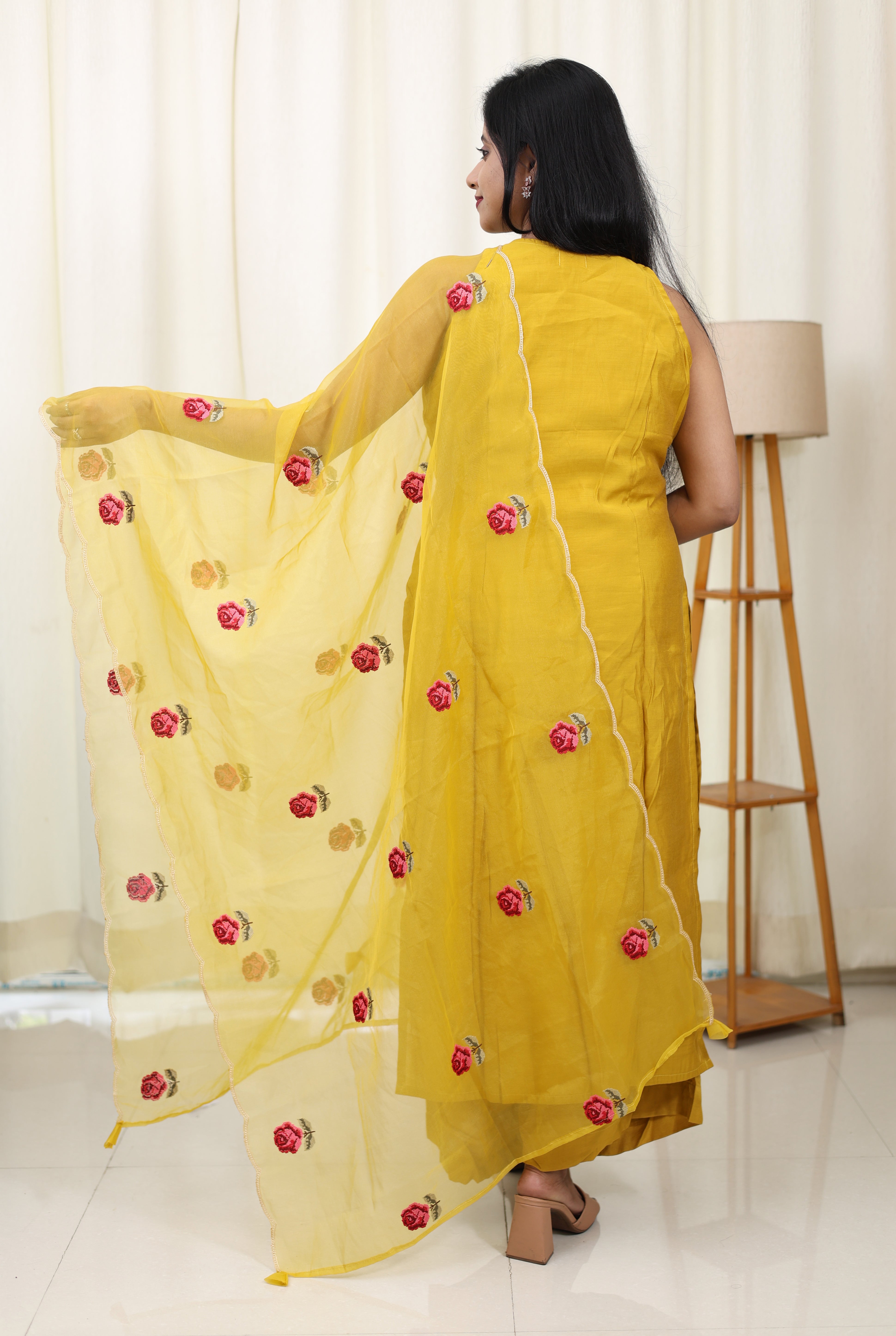 Yellow Rose Muslin Suit Set with Organza Dupatta