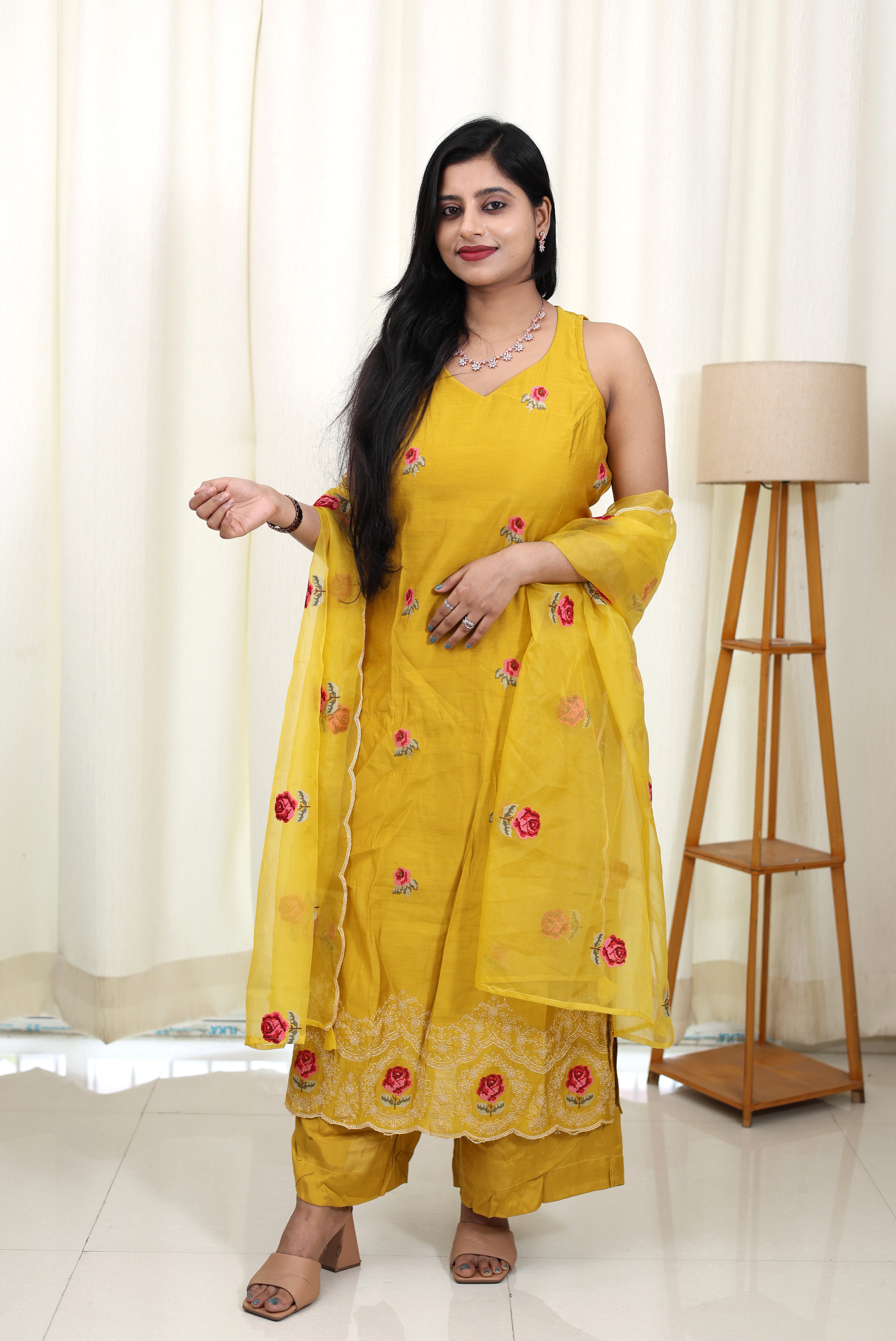 Yellow Rose Muslin Suit Set with Organza Dupatta