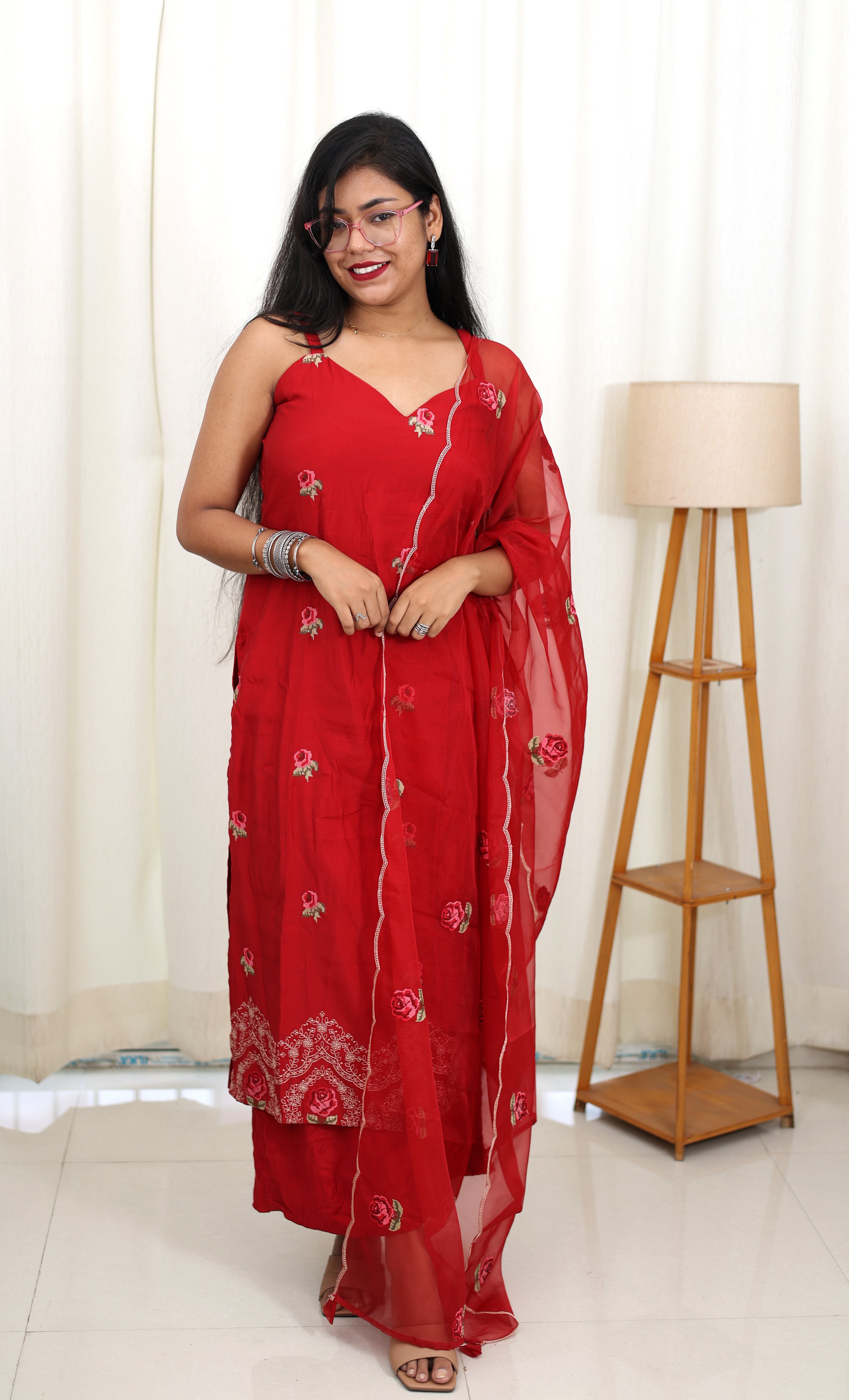 Red Rose Muslin Suit Set with Organza Dupatta