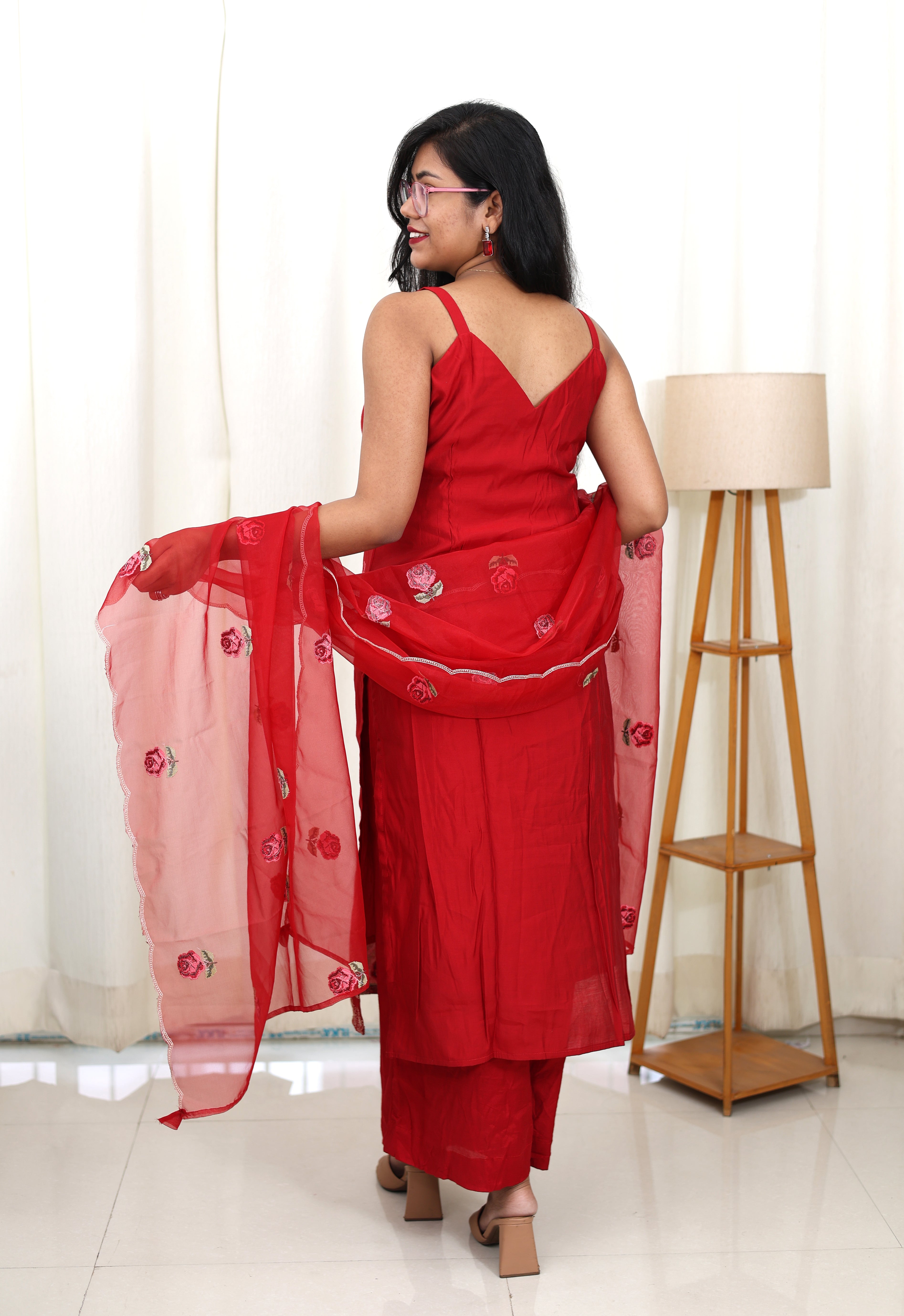 Red Rose Muslin Suit Set with Organza Dupatta