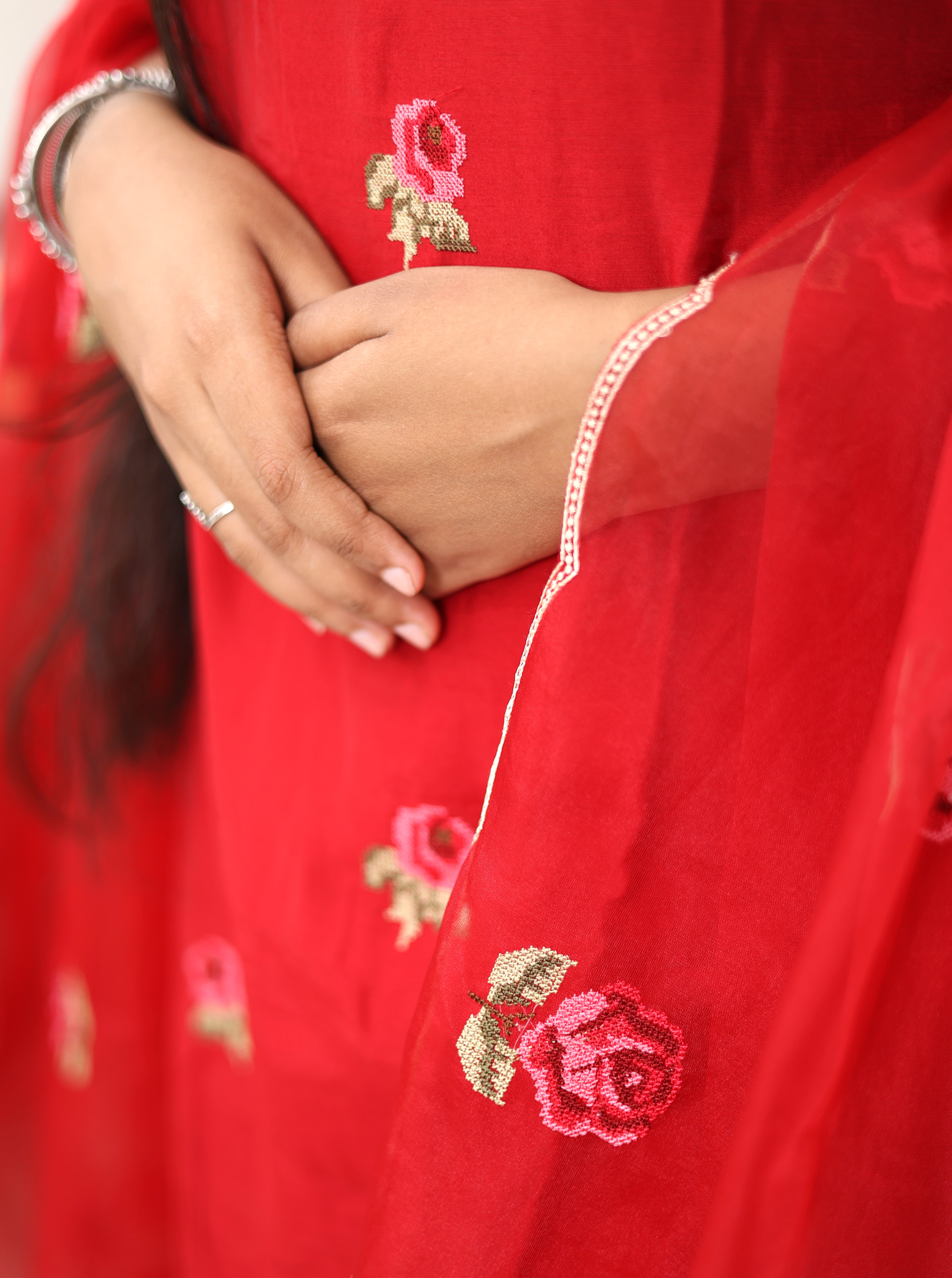 Red Rose Muslin Suit Set with Organza Dupatta