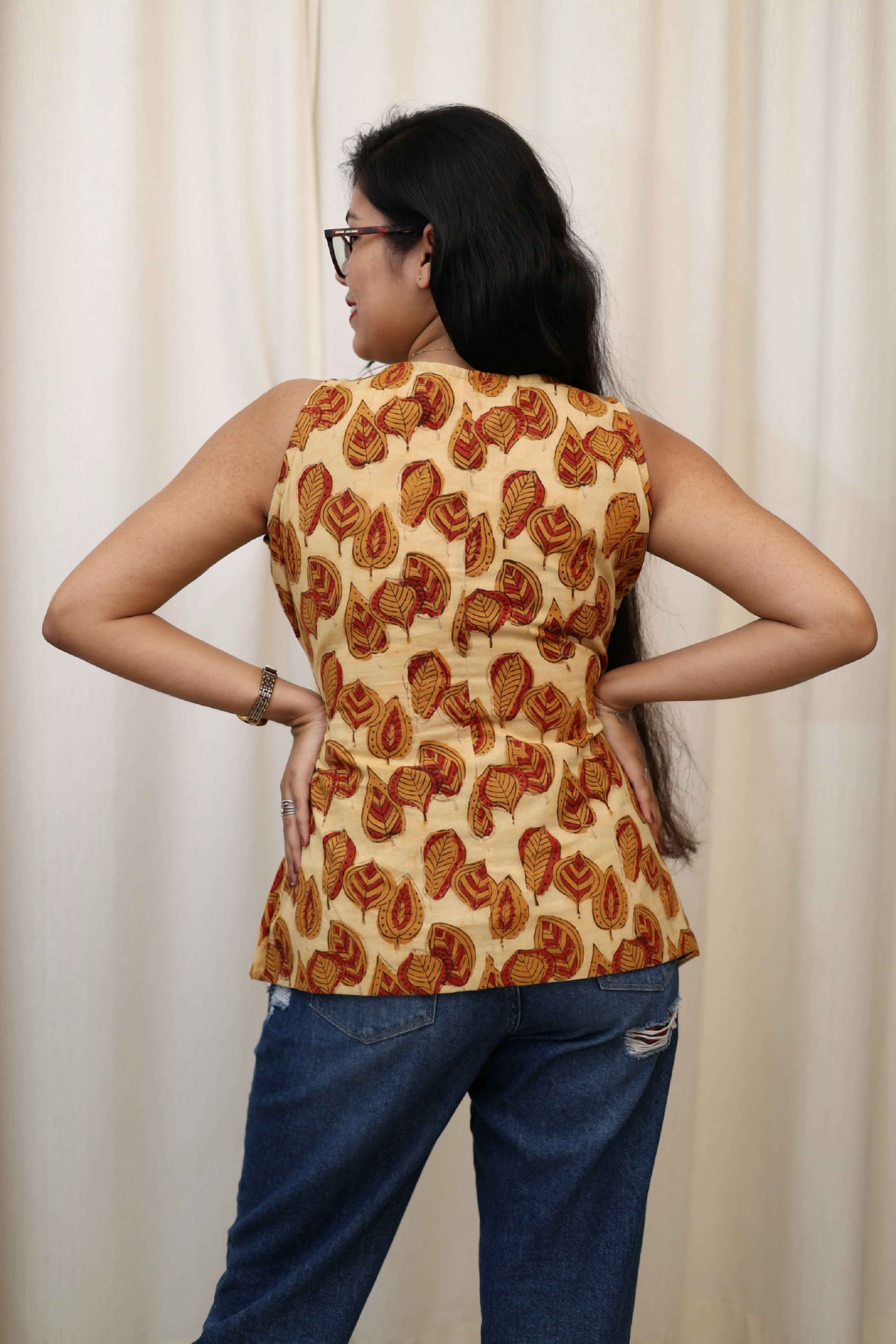VANYA Ajrakh light yellow mulmul cotton top