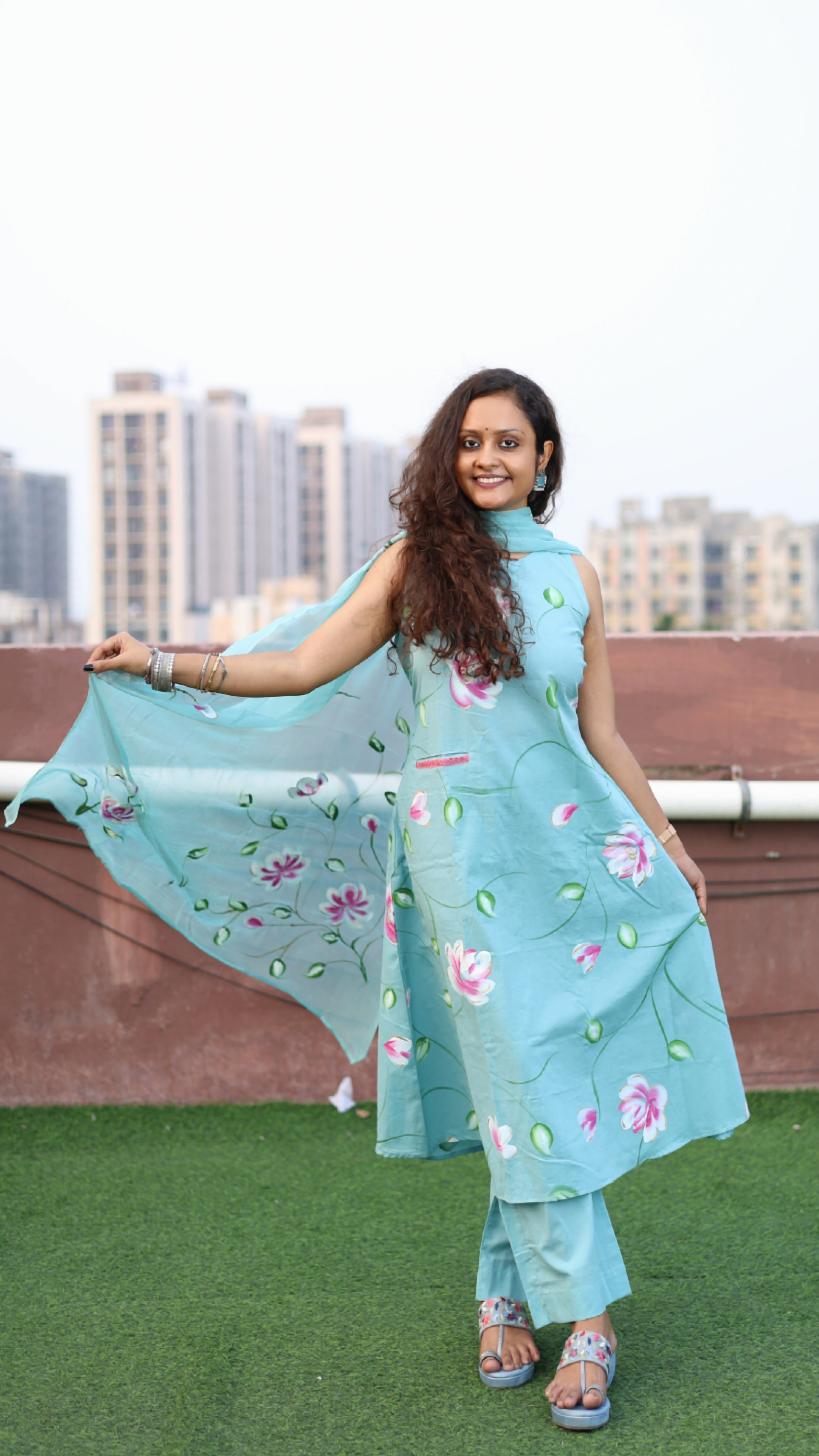 Aqua Cotton Handpainted Suit Set with Chiffon Dupatta