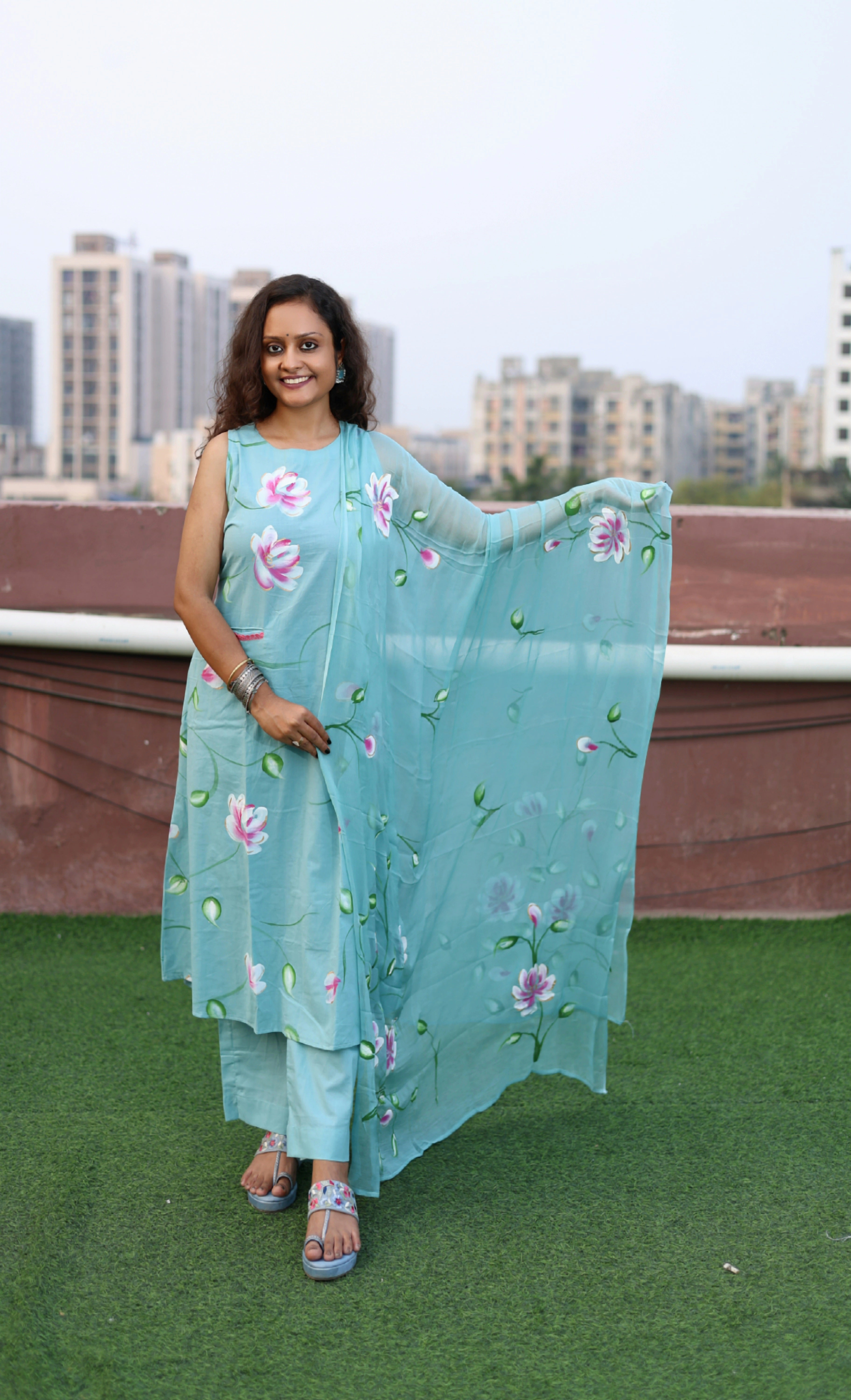 Aqua Cotton Handpainted Suit Set with Chiffon Dupatta