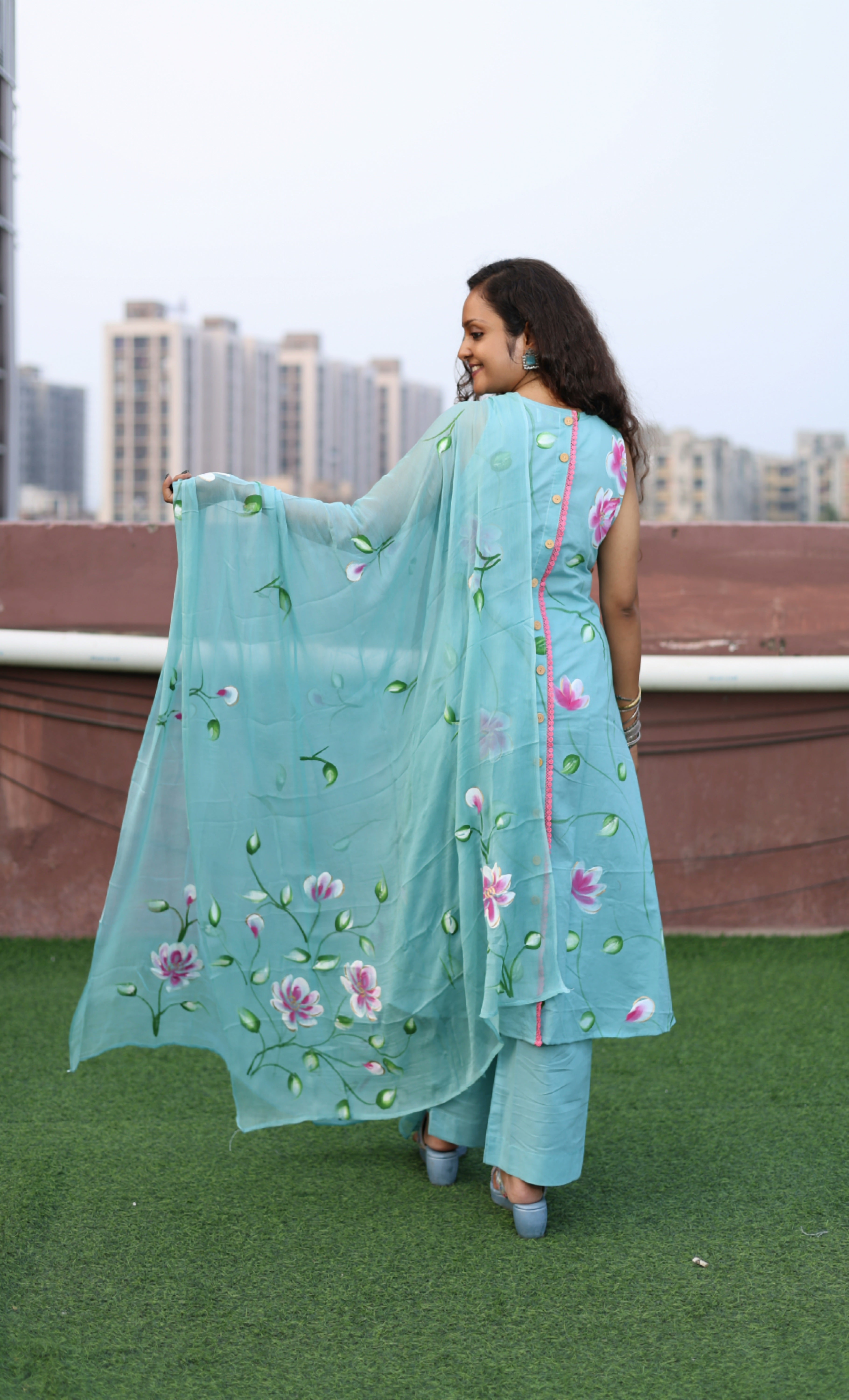 Aqua Cotton Handpainted Suit Set with Chiffon Dupatta