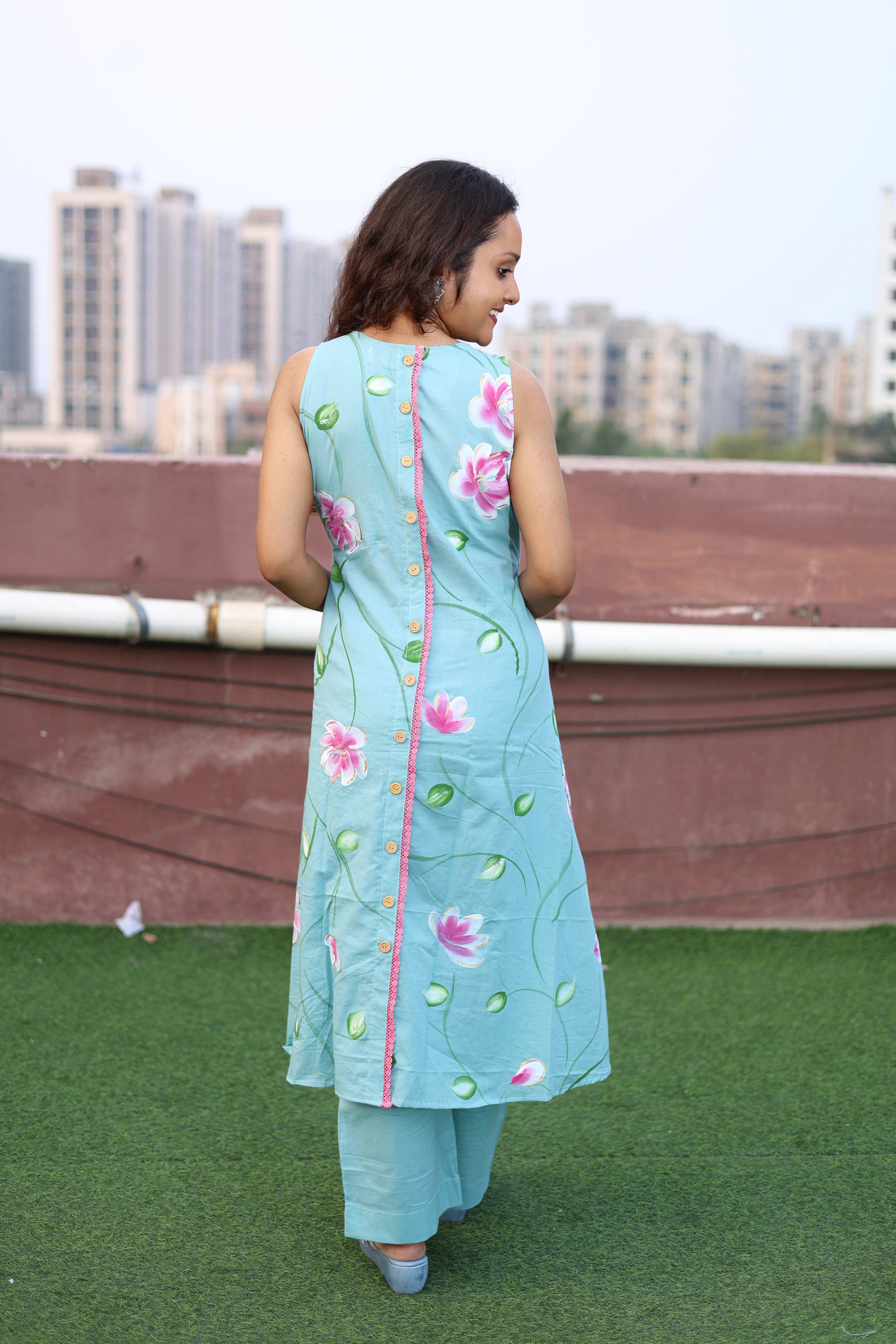 Aqua Cotton Handpainted Suit Set with Chiffon Dupatta
