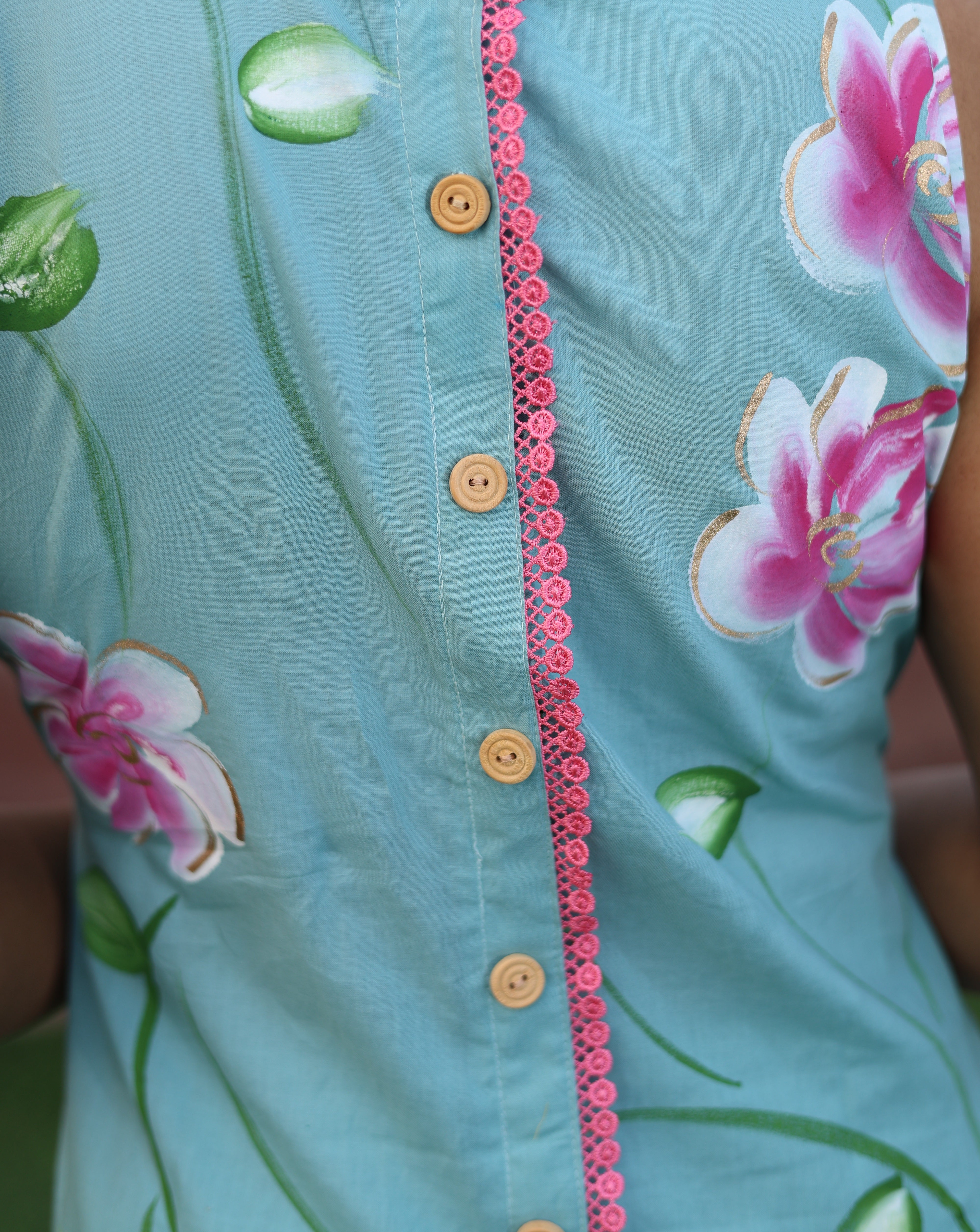 Aqua Cotton Handpainted Suit Set with Chiffon Dupatta